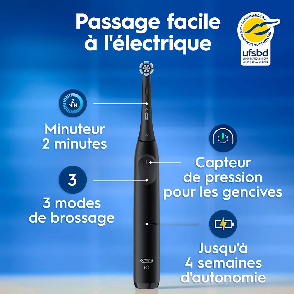 Oral-B iO brosse à dents électrique présentant ses fonctionnalités.