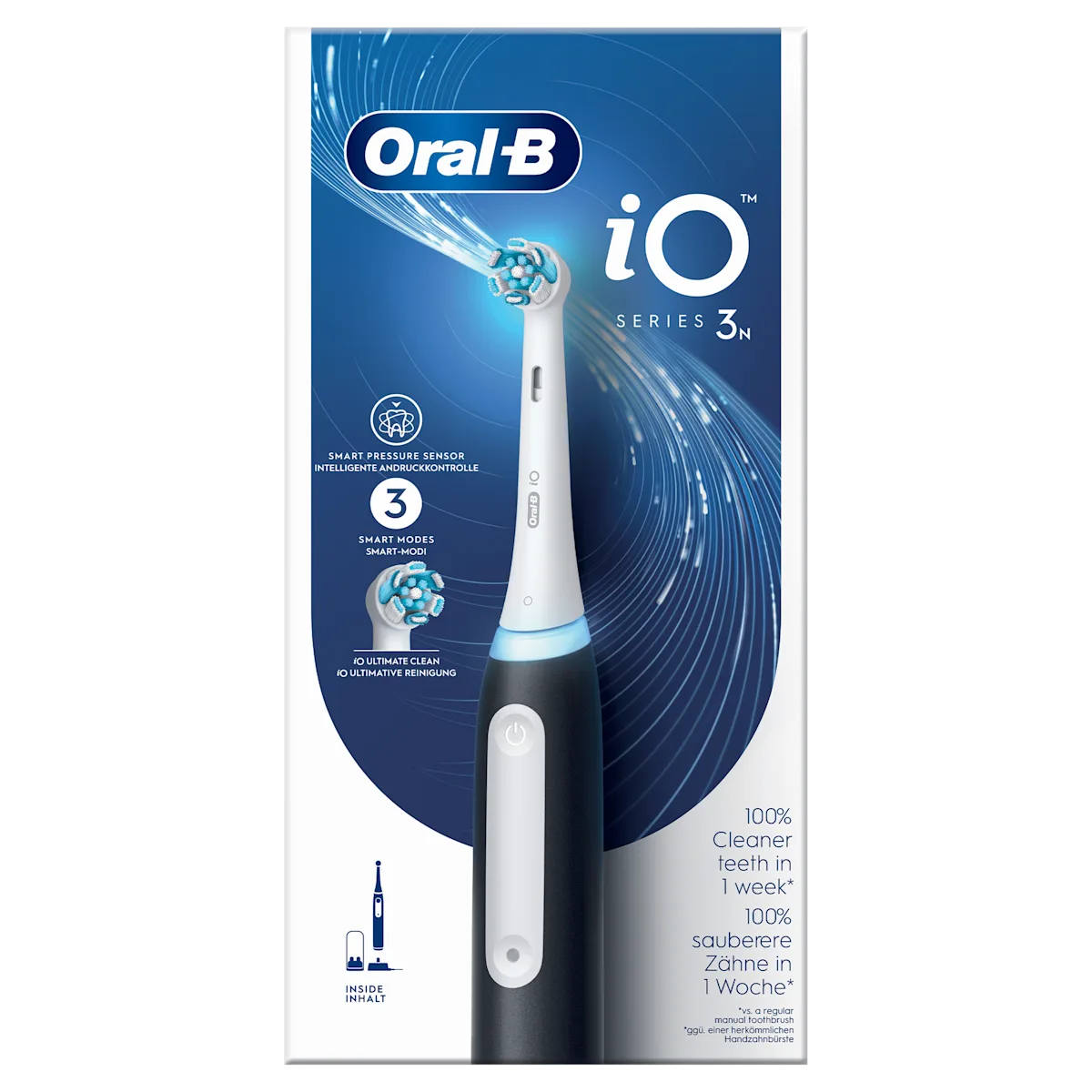 Oral-B iO Series 3N, emballage mettant en avant des dents 100% plus propres en une semaine.