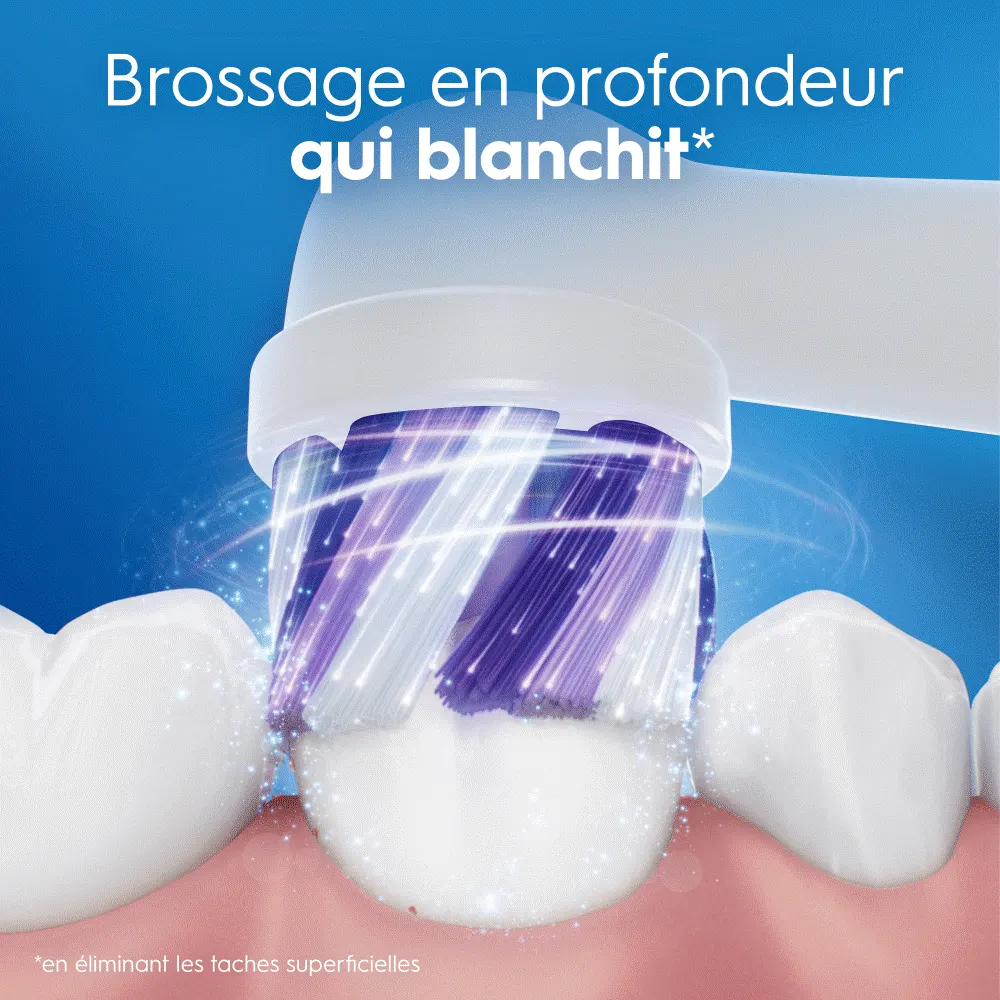 Brosse à dents électrique nettoyant des dents, illustrant un brossage en profondeur qui blanchit en éliminant les taches superficielles.