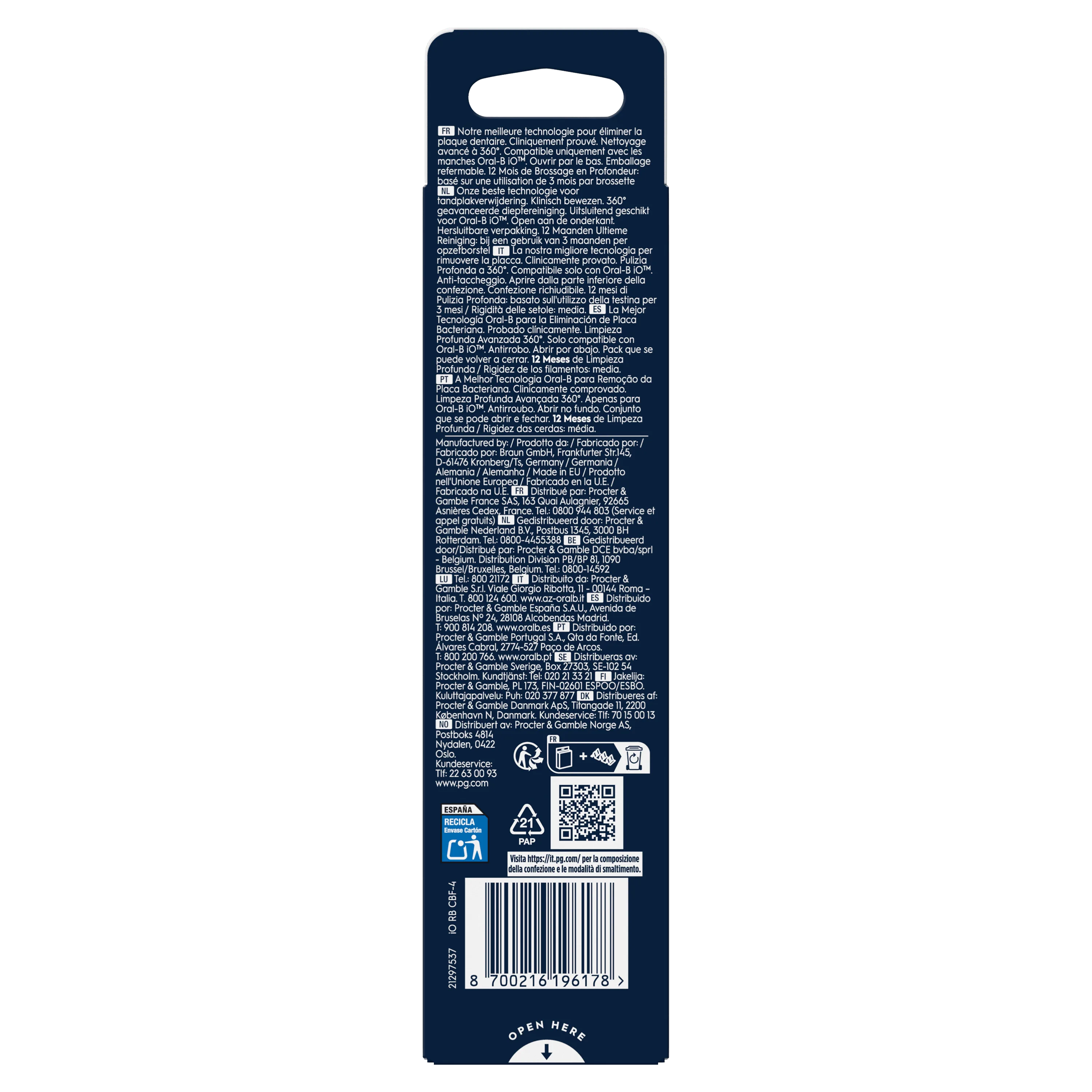 Oral-B iO, emballage mettant en avant 12 mois de brossage en profondeur, basé sur une utilisation de 3 mois par brossette.