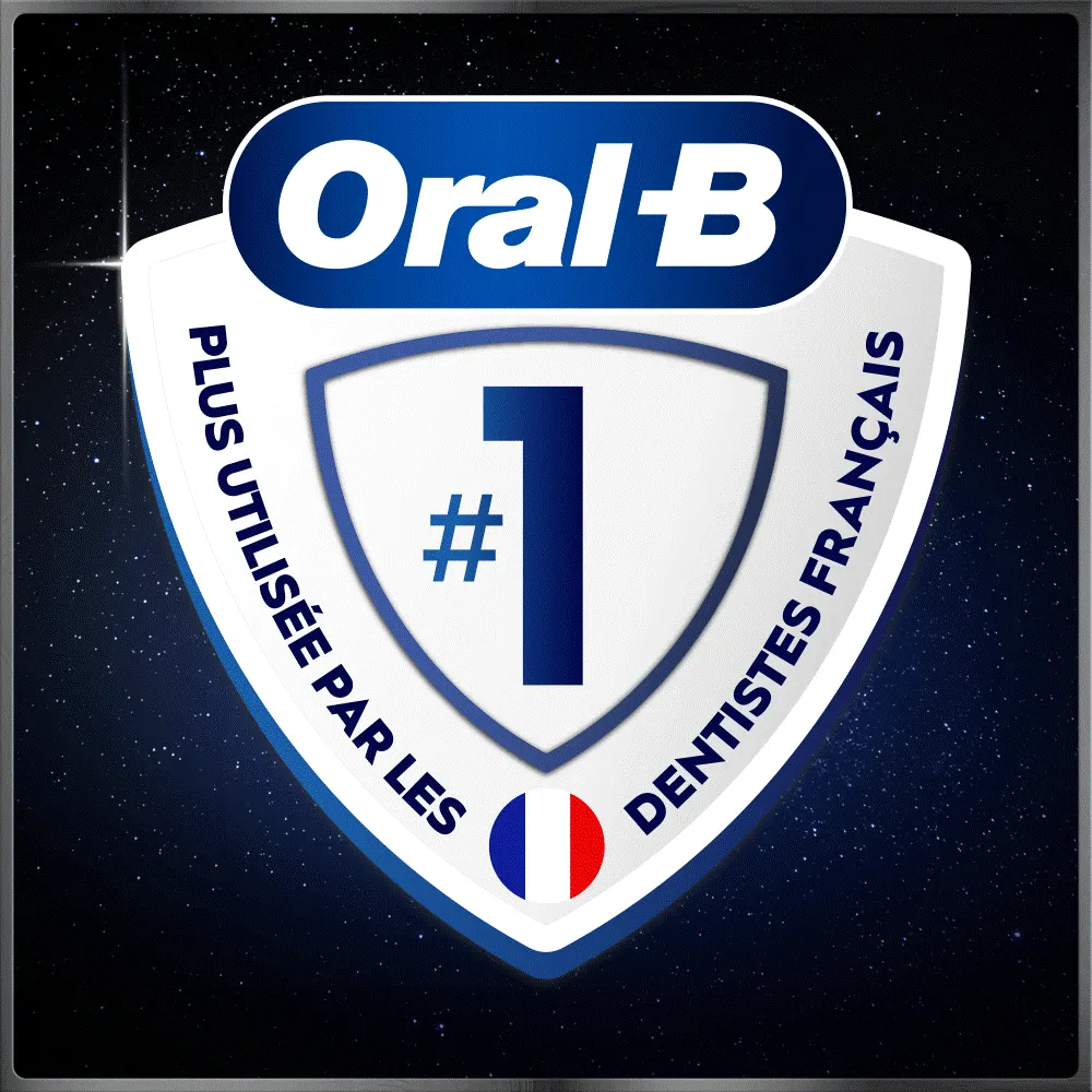 Logo Oral-B sur un bouclier avec #1, sur fond étoilé. Texte : "La marque la plus utilisée par les dentistes dans le monde"