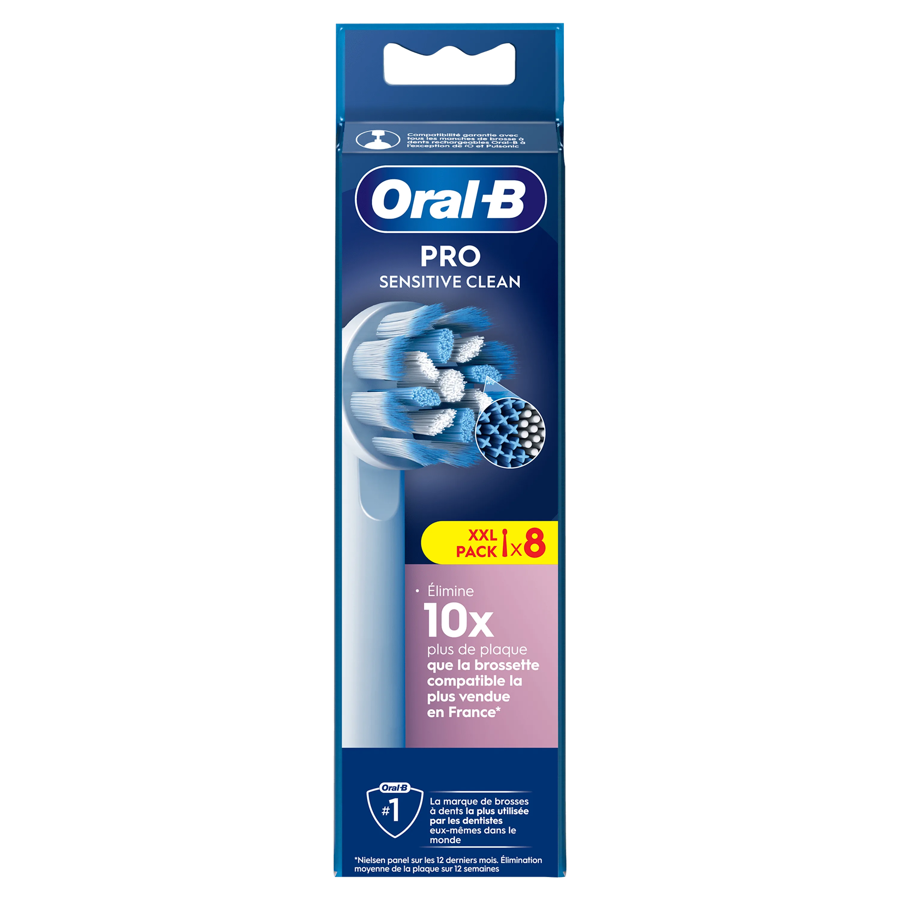 Oral-B PRO Sensitive Clean, pack XXL de 8 brossettes, élimine 10x plus de plaque que la brossette compatible la plus vendue en France.