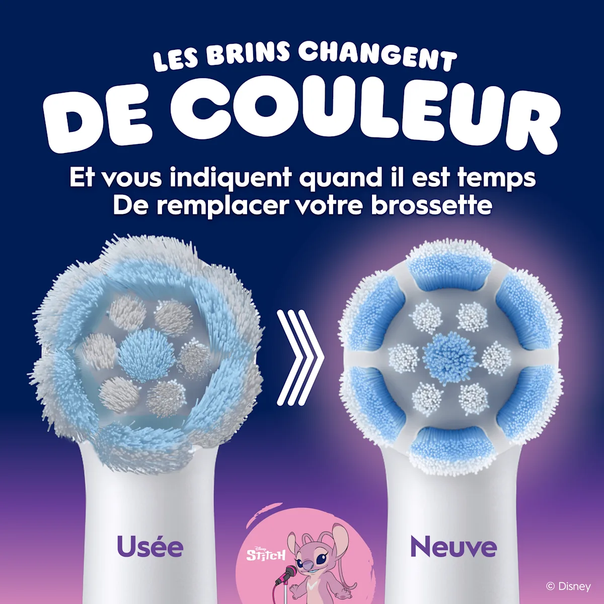 Brossettes usée et neuve côte à côte, les brins changent de couleur pour signaler le remplacement.
