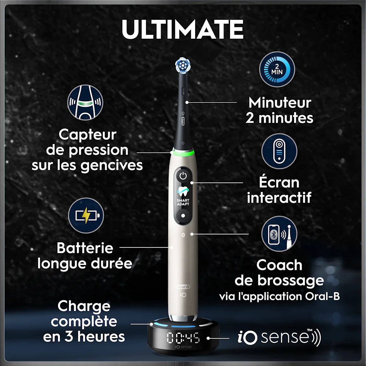 Brosse à dents électrique Oral-B Ultimate avec capteur de pression, minuteur, écran interactif et application de coaching.