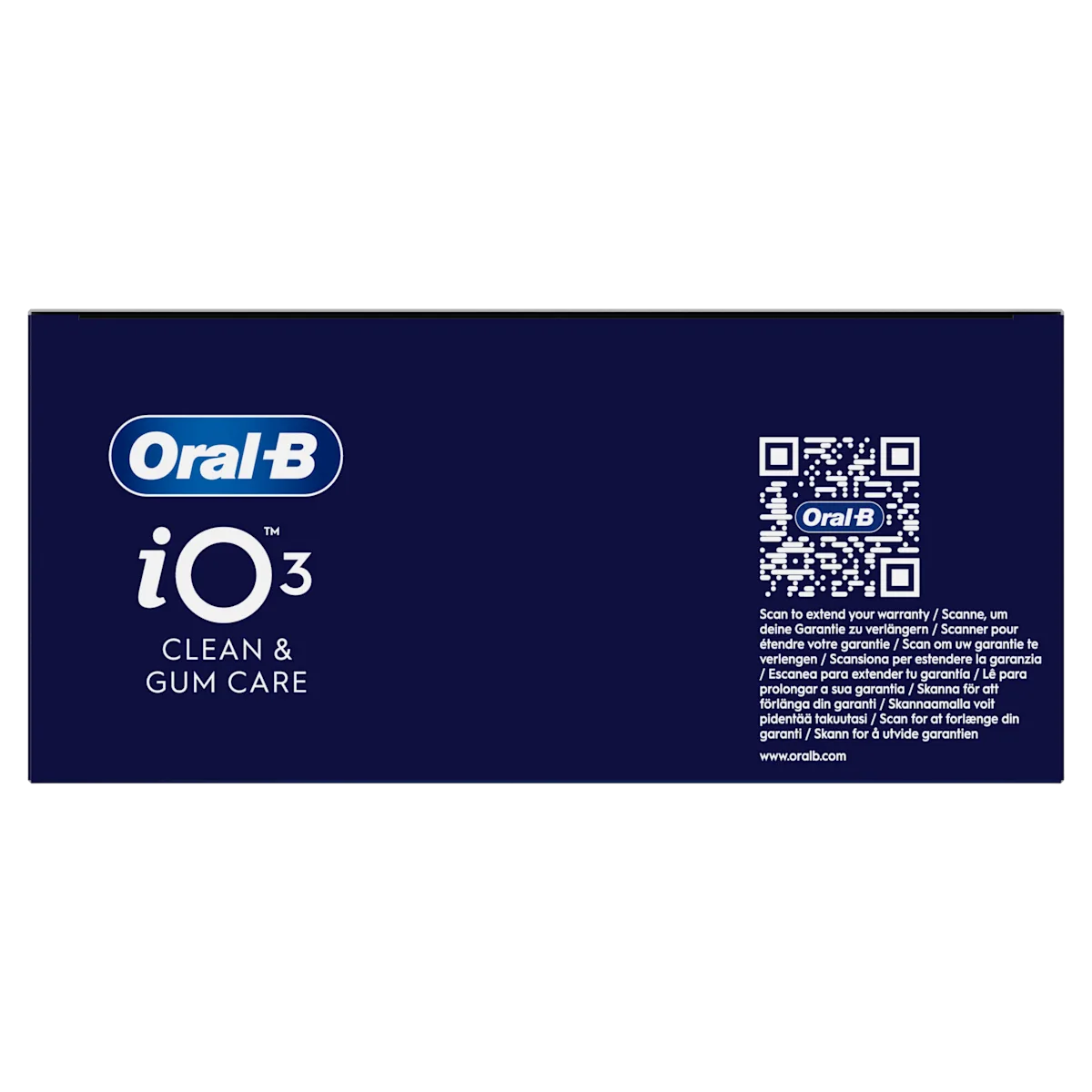 Oral-B iO3, emballage mettant en avant Clean & Gum Care et un QR code pour étendre la garantie.