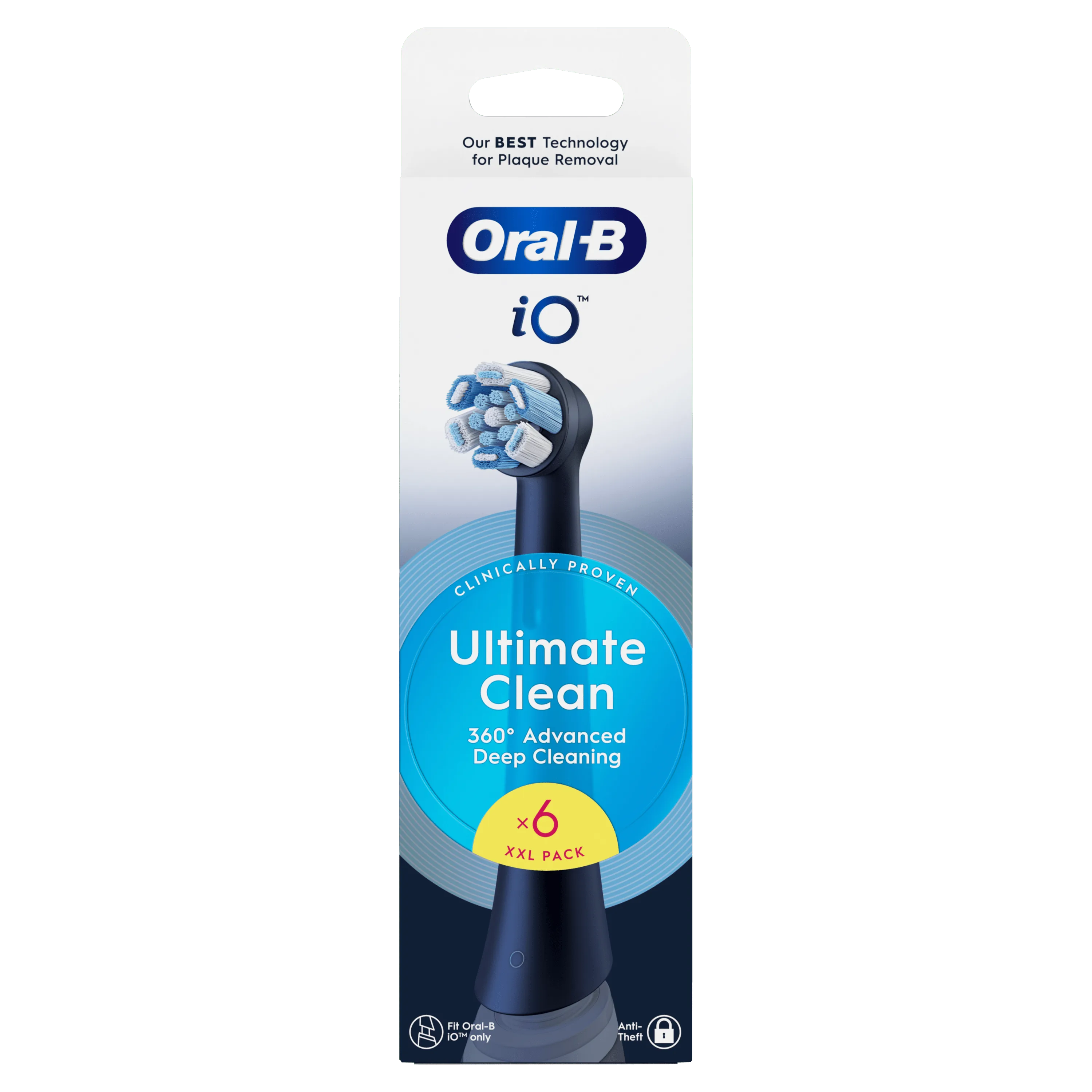 Oral-B iO, emballage de têtes de brosse Ultimate Clean, avec la mention « 360° Advanced Deep Cleaning » et lot XXL de 6.