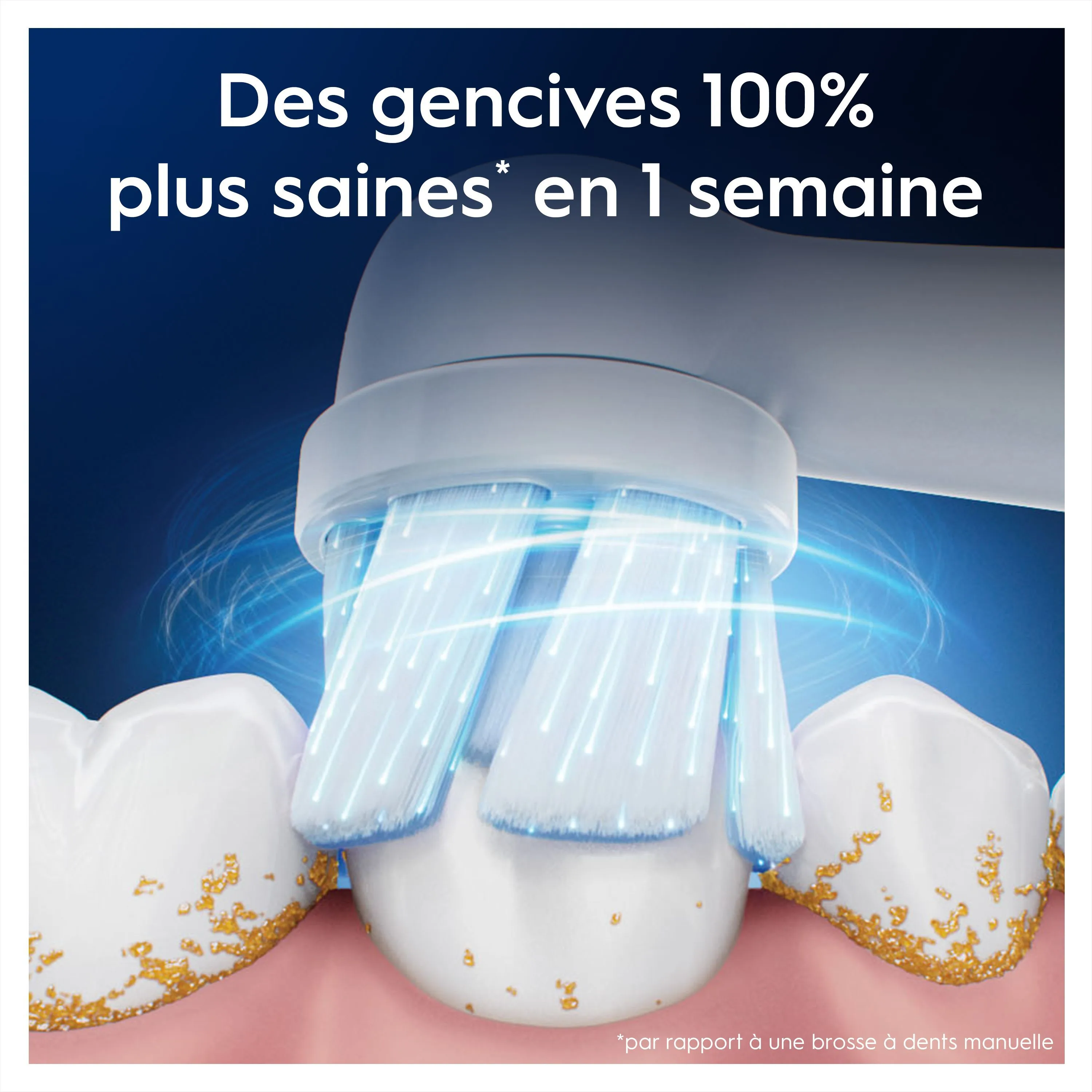 La brosse à dents Oral-B nettoie les dents, illustrant des gencives 100% plus saines en une semaine.