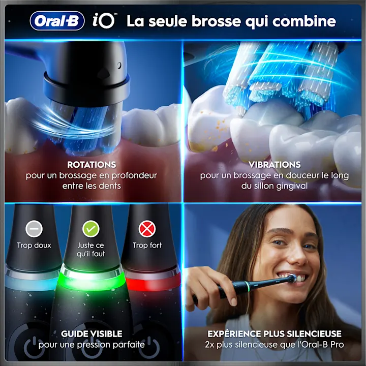 Brosse à dents Oral-B iO avec fonctions: rotations, vibrations, guide de pression et fonctionnement silencieux.