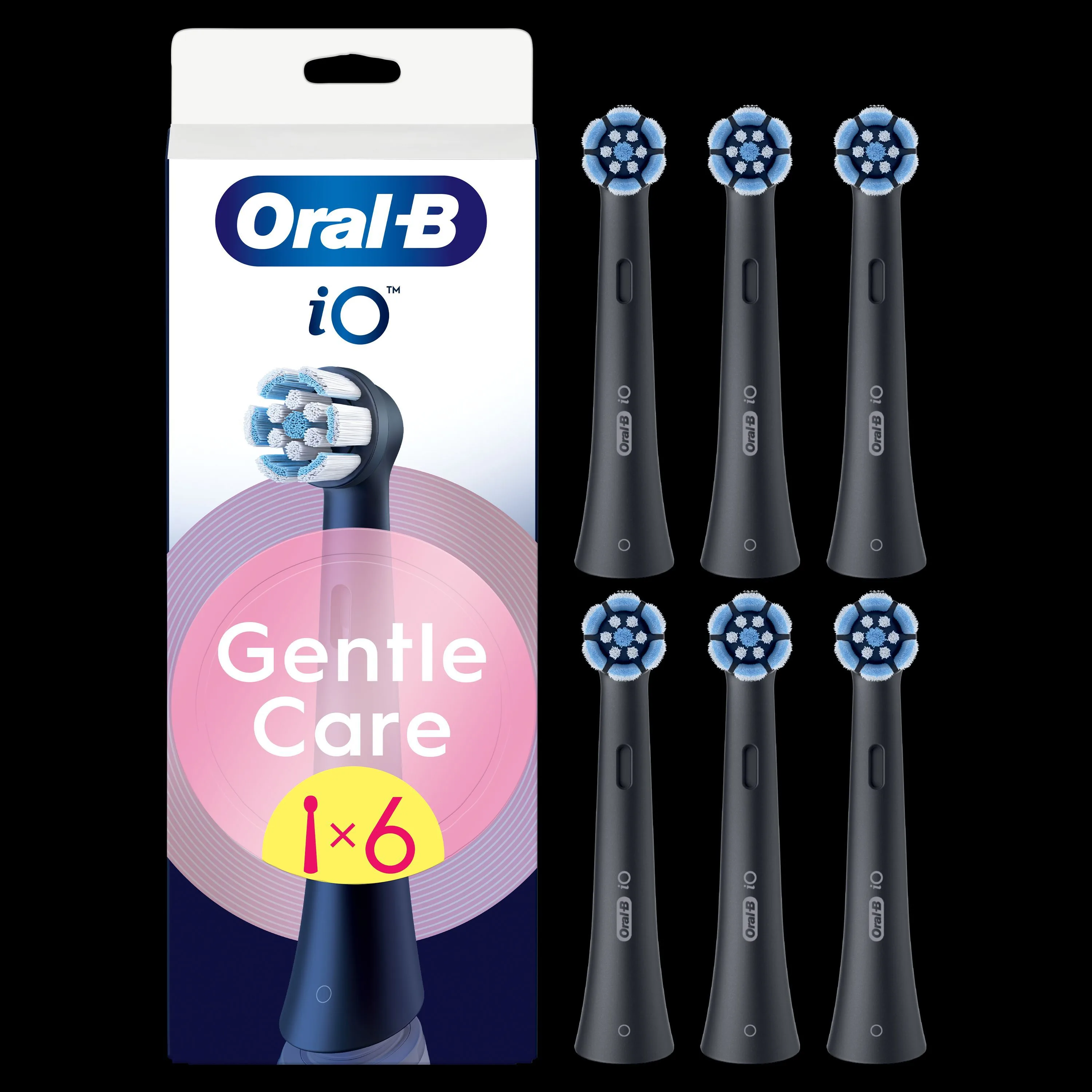 Oral-B iO, pack de 6 têtes de brosse de rechange Gentle Care pour un nettoyage doux des dents et des gencives.