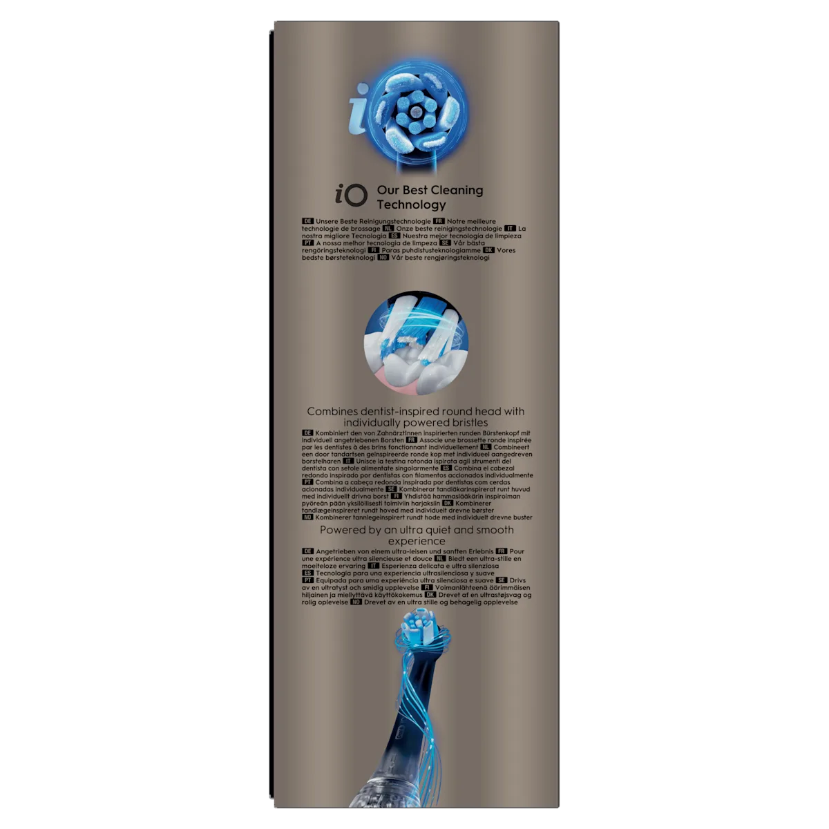Oral-B iO, emballage mettant en avant la technologie de nettoyage et la brossette ronde avec brins individuels.