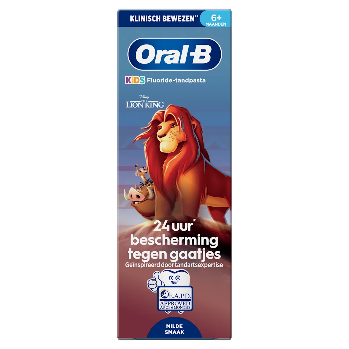 Oral-B KIDS dentifrice au fluor, avec Le Roi Lion, pour une protection de 24 heures contre les caries.