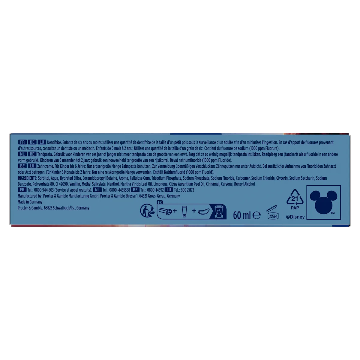 Instructions d'utilisation du dentifrice pour enfants, soulignant la quantité à utiliser selon l'âge et les informations sur le recyclage de l'emballage.