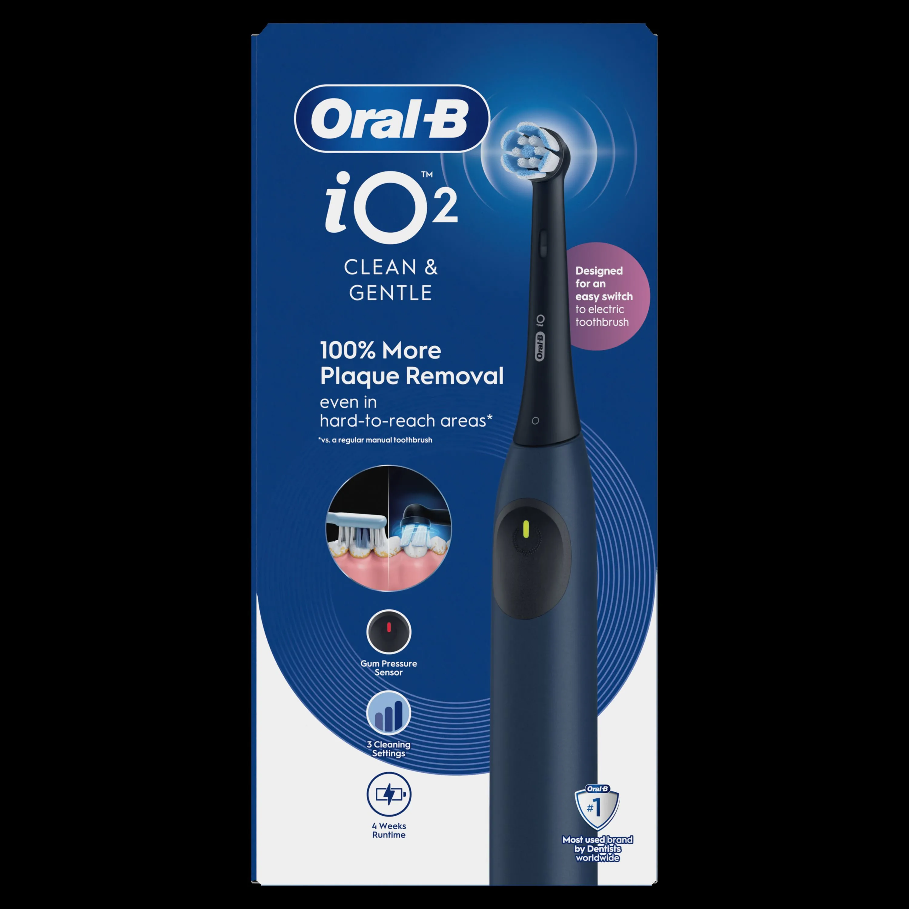 Oral-B iO2, mettant en évidence "Jusqu'à 100 % de plaque dentaire éliminée en plus", même dans les zones difficiles d'accès.