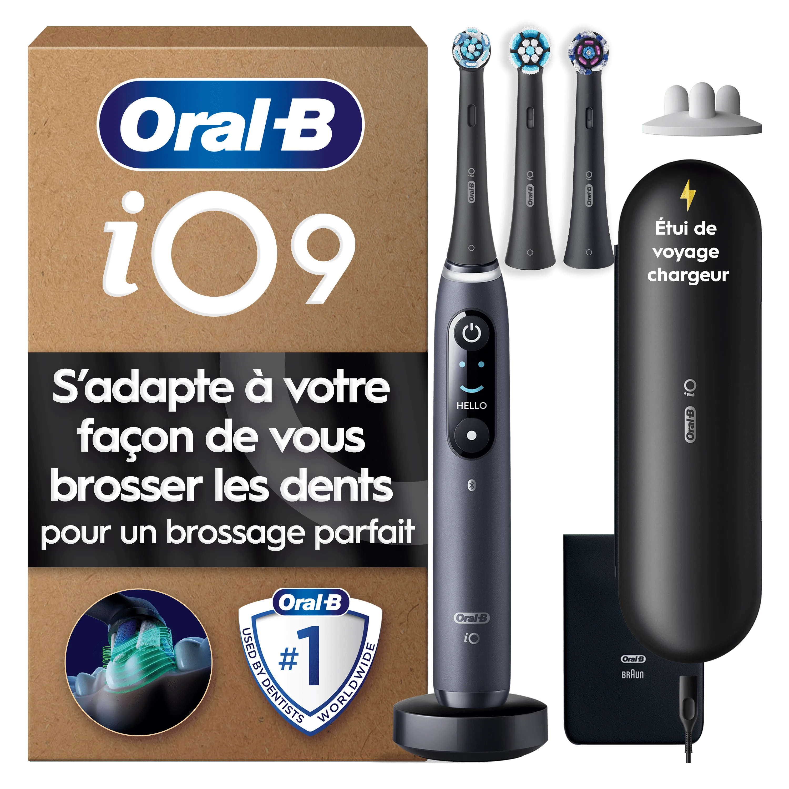 Brosse à dents électrique Oral-B iO 9 Noire, 3 brossettes, Étui de voyage chargeur