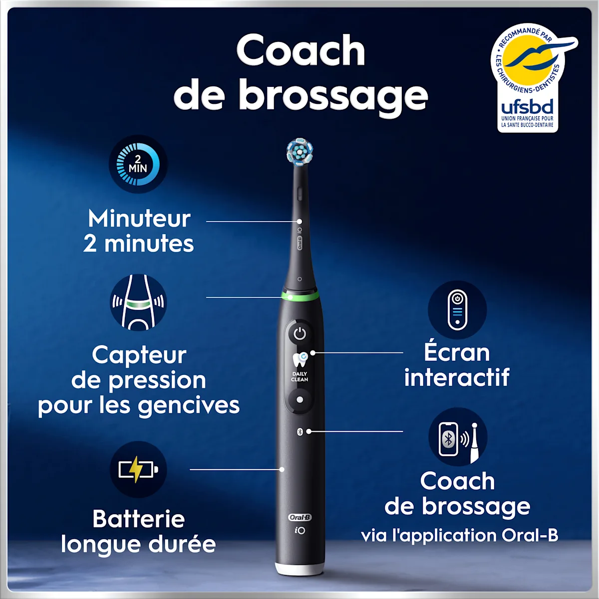 Oral-B iO brosse à dents: détails des fonctions de coaching de brossage.