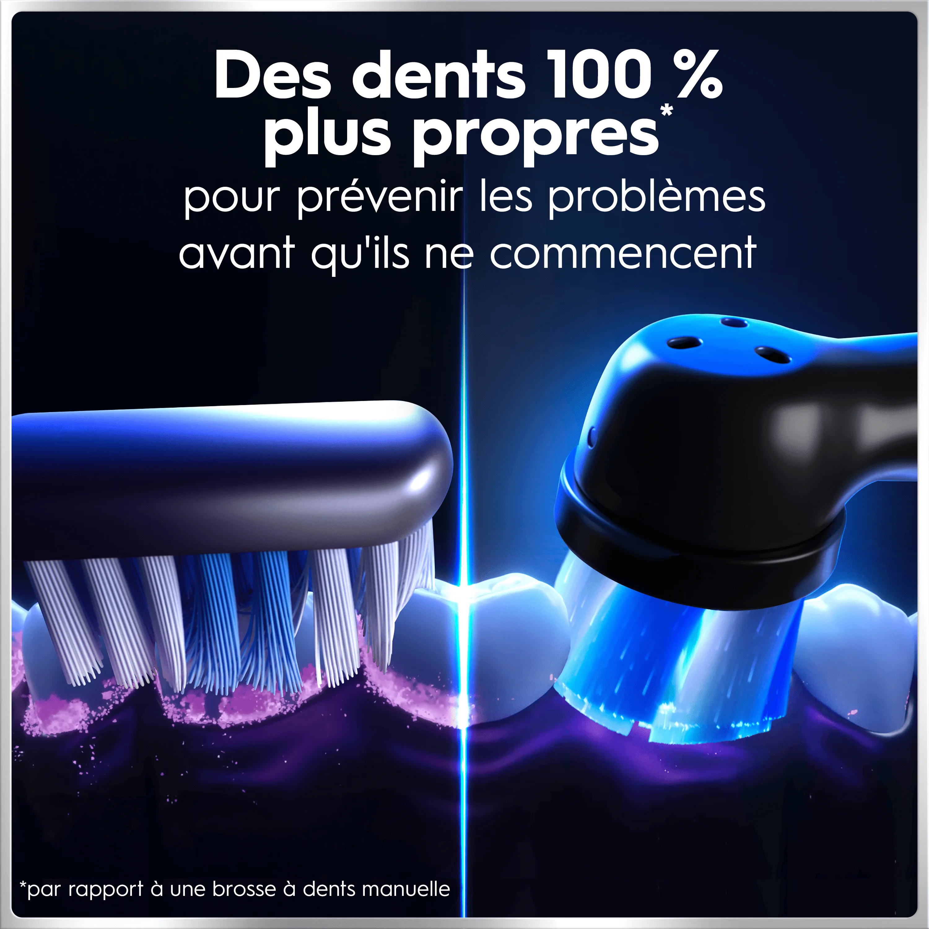 Comparaison entre brosse à dents manuelle et électrique, promettant des dents 100% plus propres pour prévenir les problèmes dentaires.