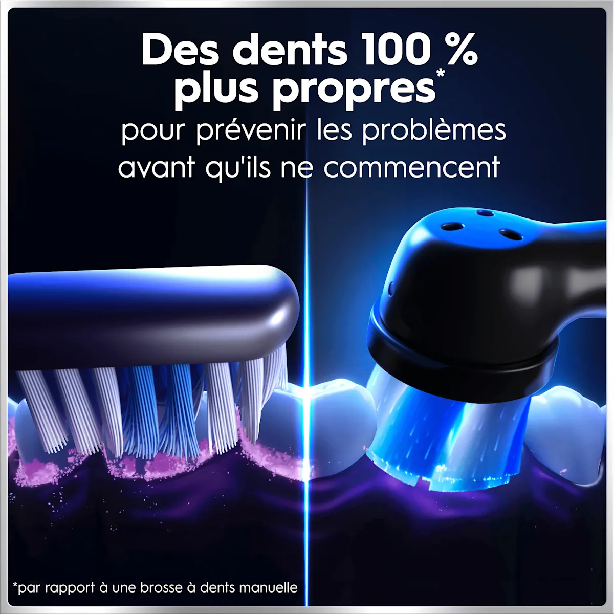 Comparaison entre brosse à dents manuelle et électrique, promettant des dents 100% plus propres pour prévenir les problèmes dentaires.