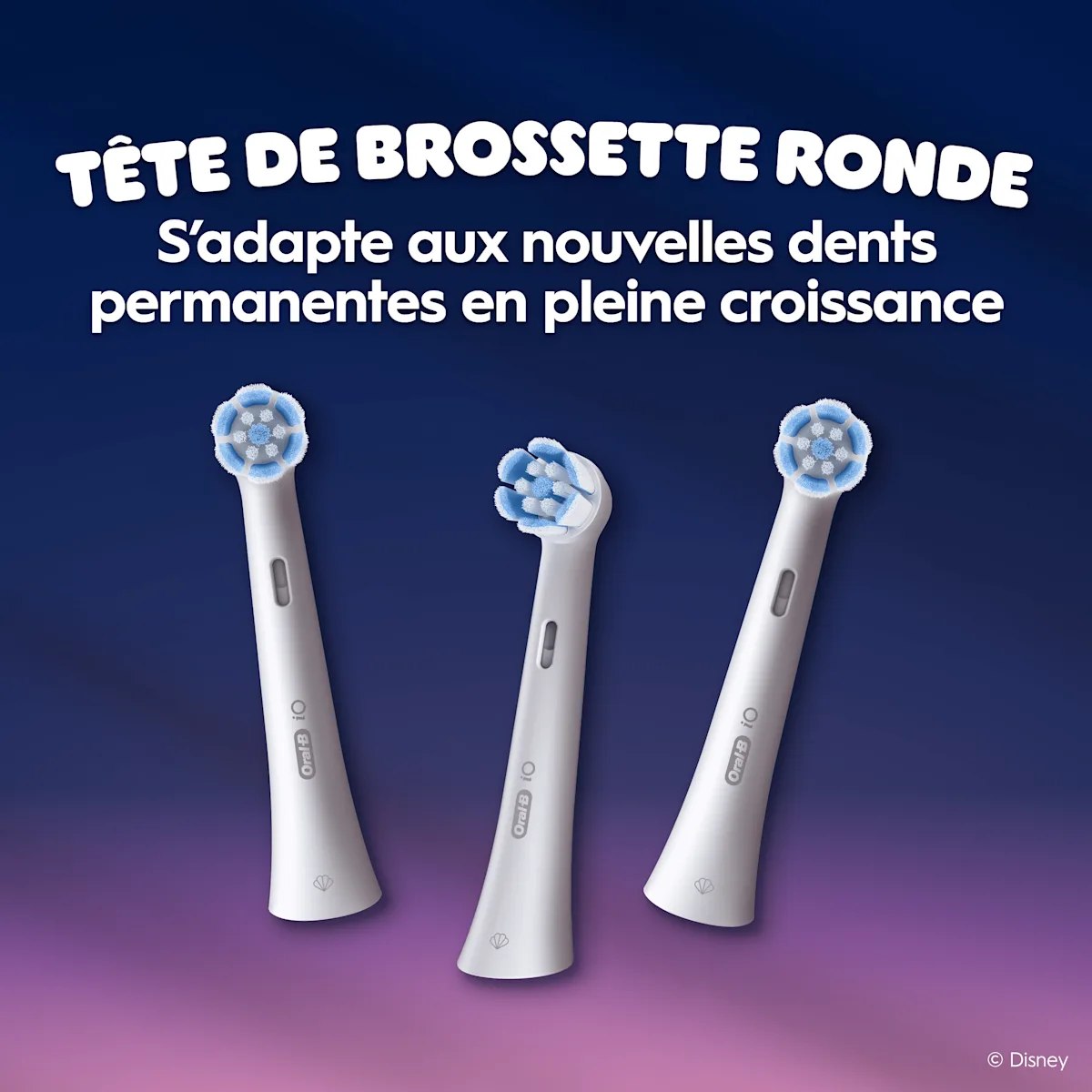 Trois têtes de brosse ronde Oral-B adaptées aux nouvelles dents permanentes en croissance.