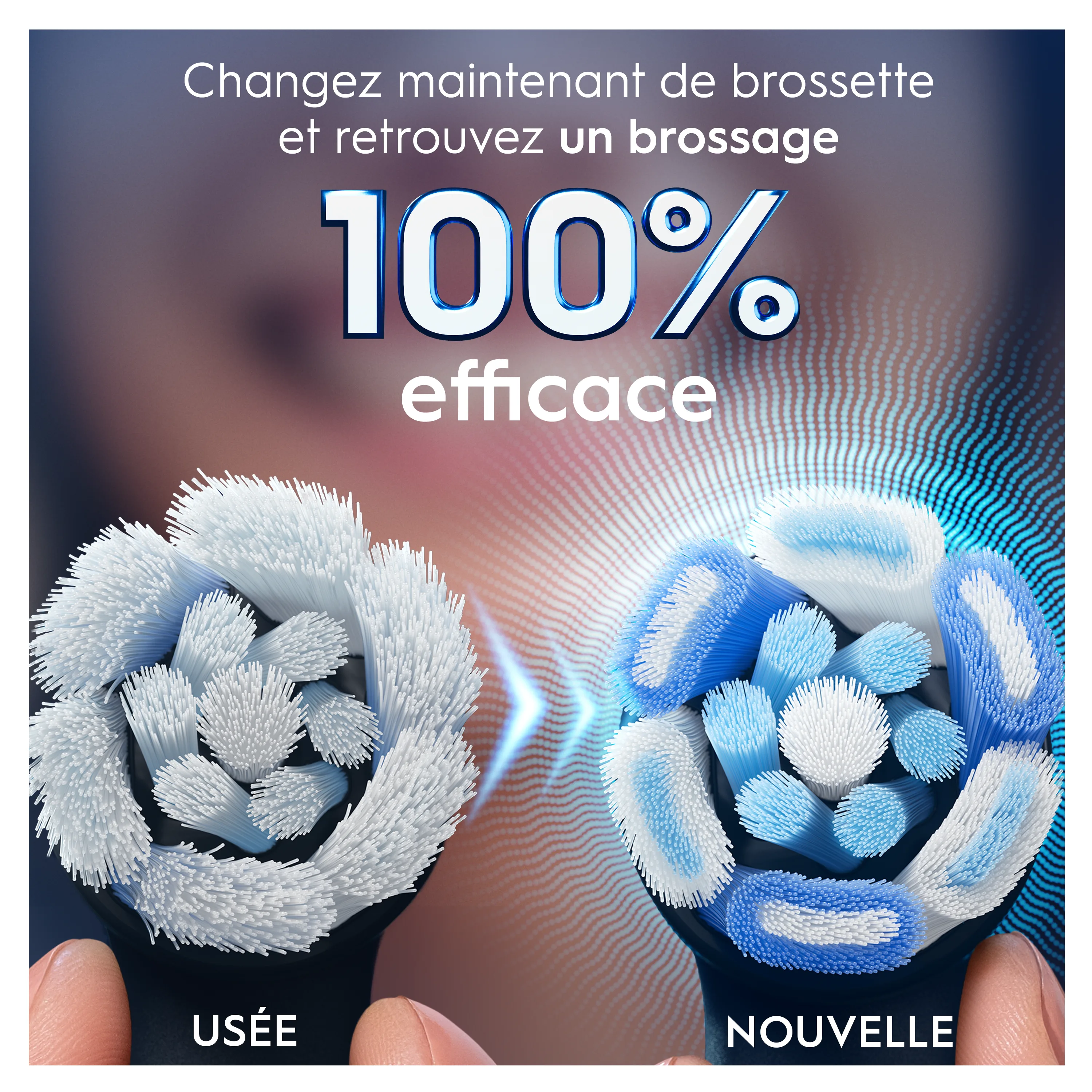 Une brossette Oral-B usée comparée à une brossette neuve, illustrant un brossage 100% efficace avec une nouvelle brossette.