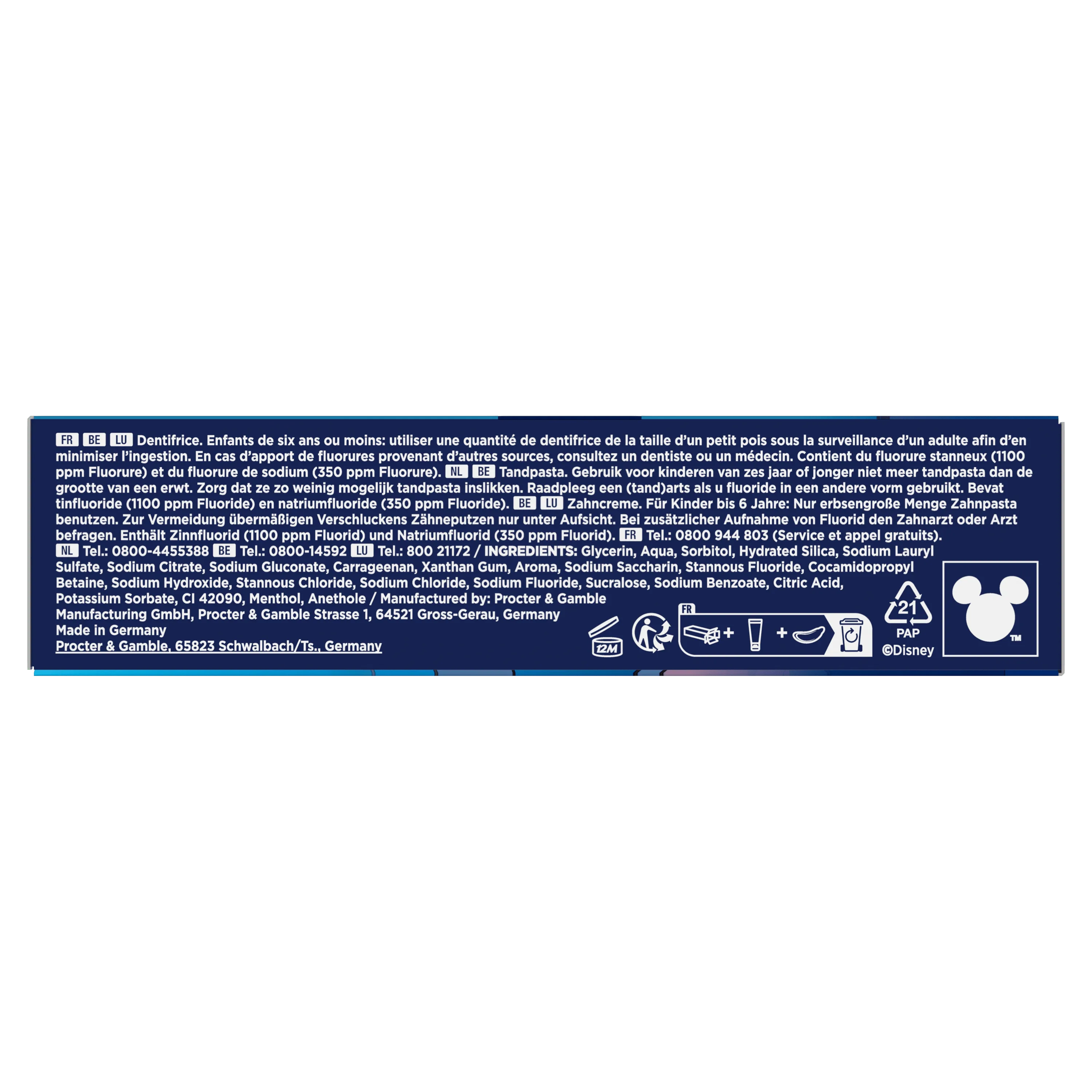 Tube de dentifrice pour enfants signalant la présence de fluorure stanneux (1100 ppm) et le logo Disney.