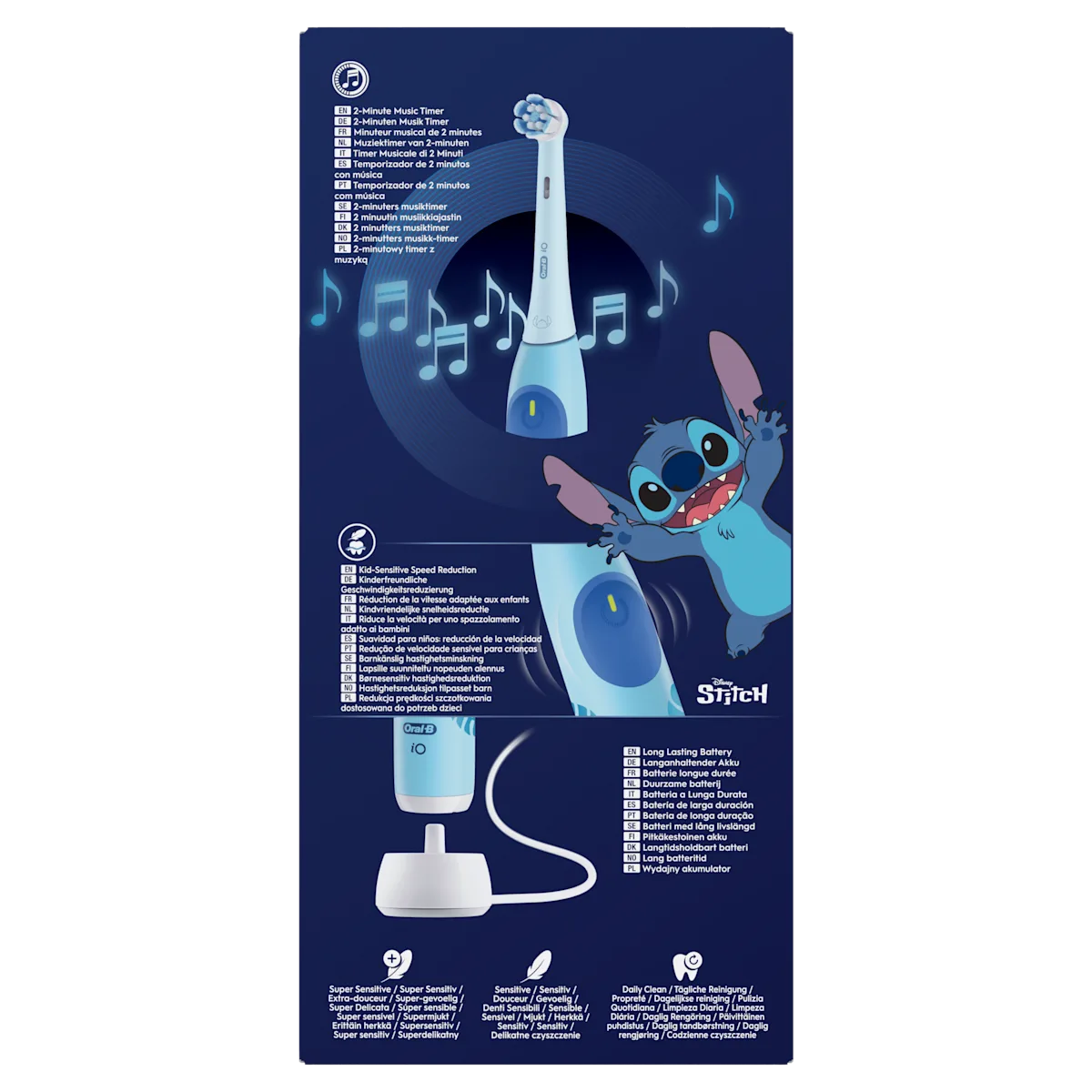 Brosse à dents Oral-B iO Stitch avec minuteur musical 2 minutes et réduction de la vitesse adaptée aux enfants.