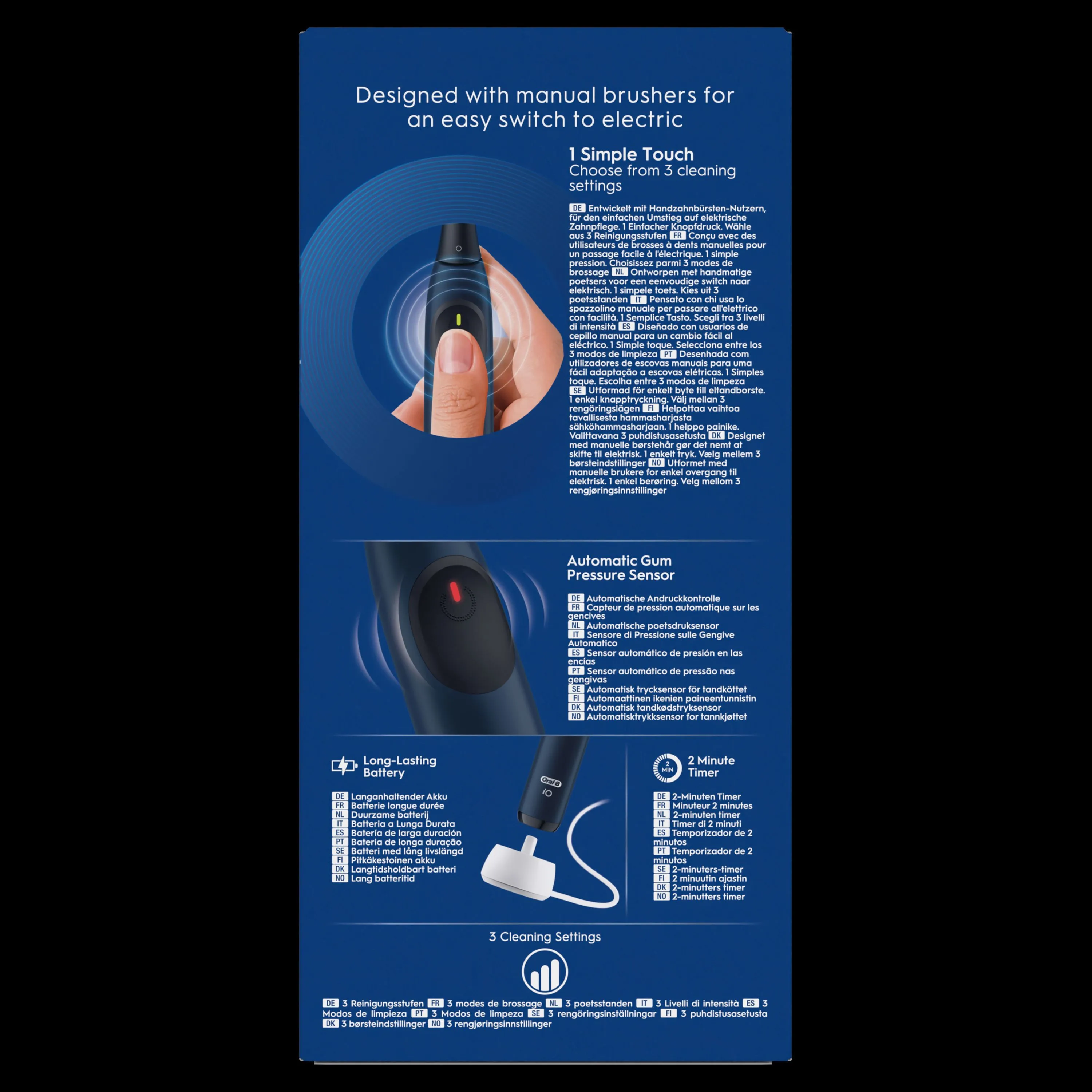 Oral-B brosse à dents électrique avec emballage, soulignant le bouton unique et les 3 modes de brossage.