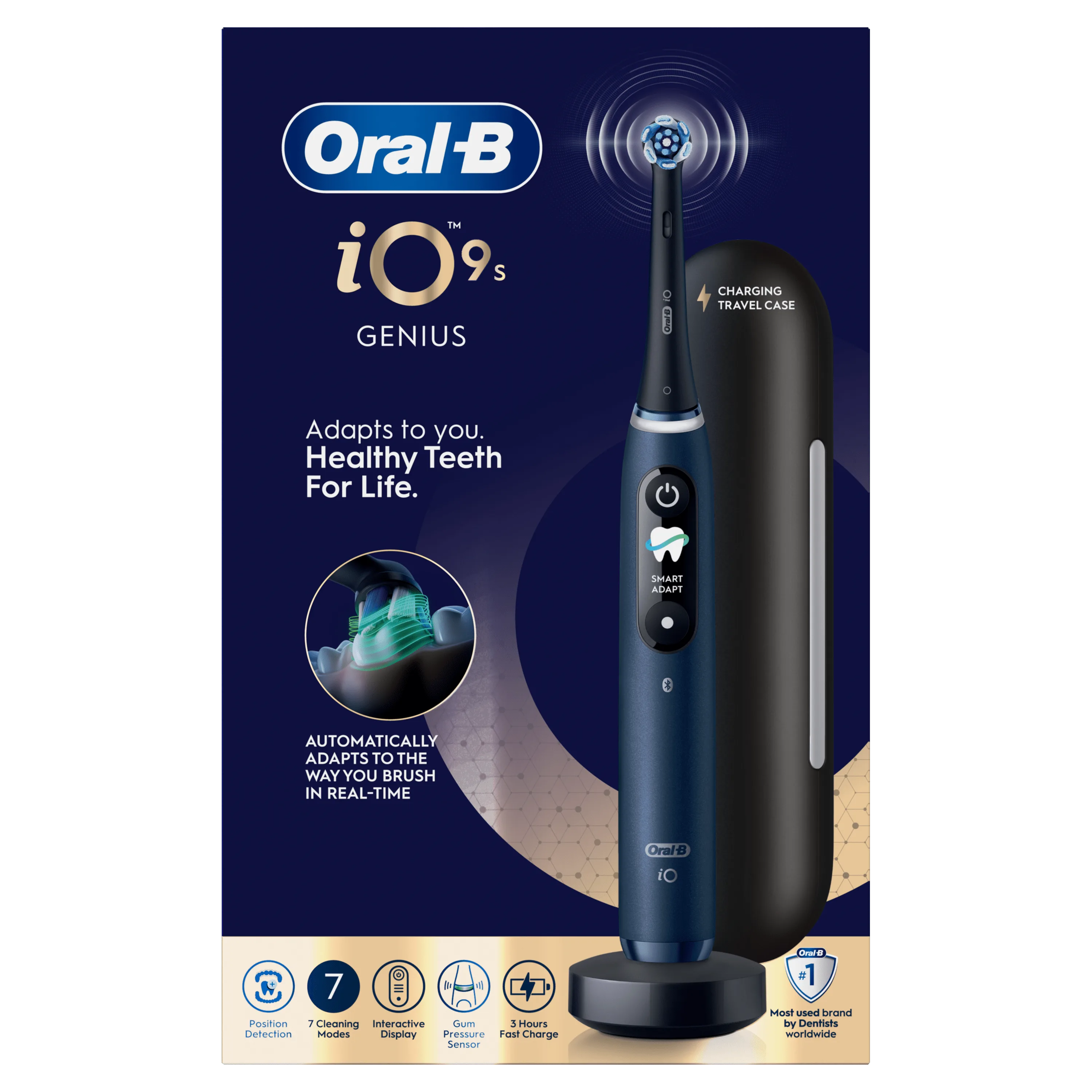Brosse à dents électrique Oral-B iO9s Genius, s’adaptant automatiquement en temps réel à votre brossage.