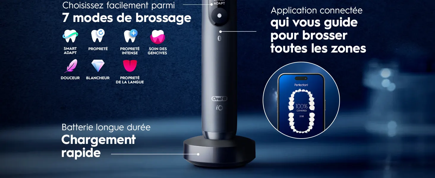 Brosse à dents électrique avec 7 modes, application connectée et charge rapide. 