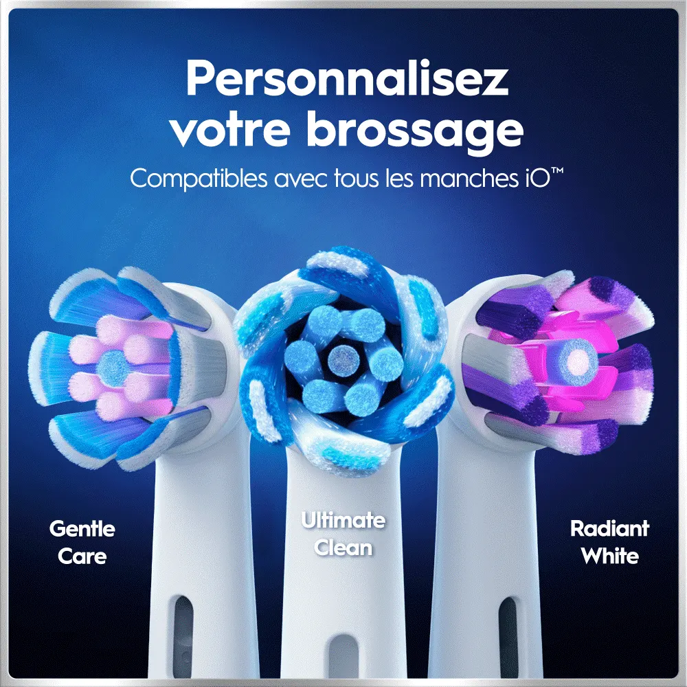 Trois têtes de brosse à dents colorées: Gentle Care, Ultimate Clean et Radiant White, compatibles avec manches iO™. Personnalisez votre brossage.