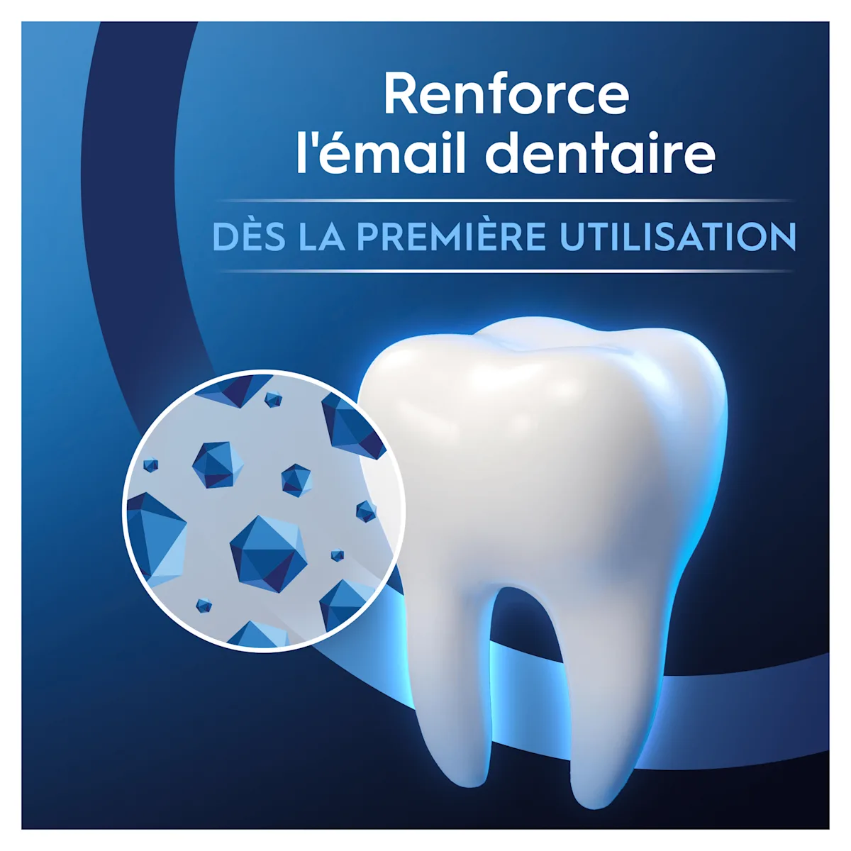 Oral-B renforce l'émail dentaire, visiblement illustré par une dent brillante et des minéraux protecteurs, dès la première utilisation.