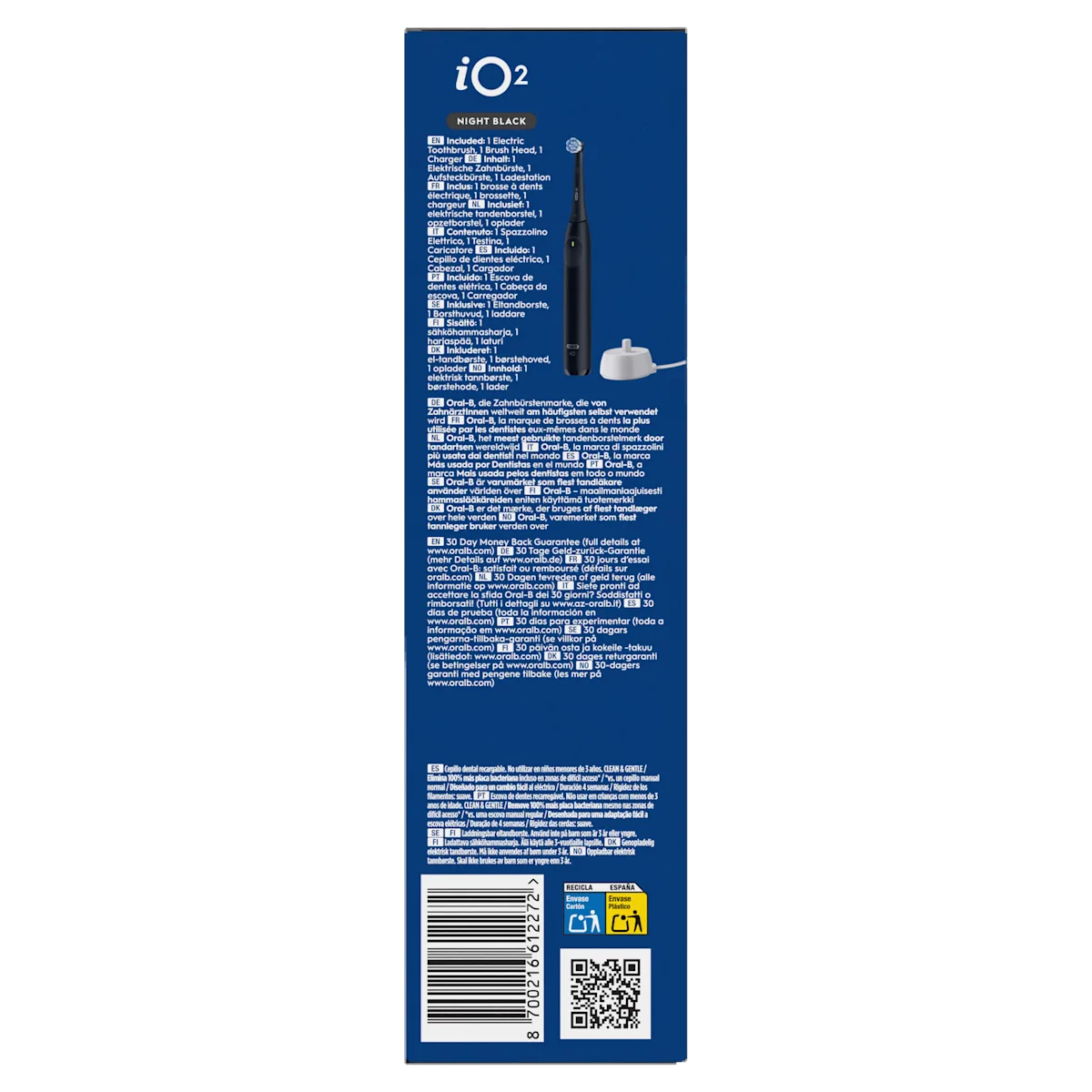 Oral-B iO2 Night Black, incluant une brosse à dents électrique, une brossette et un chargeur.