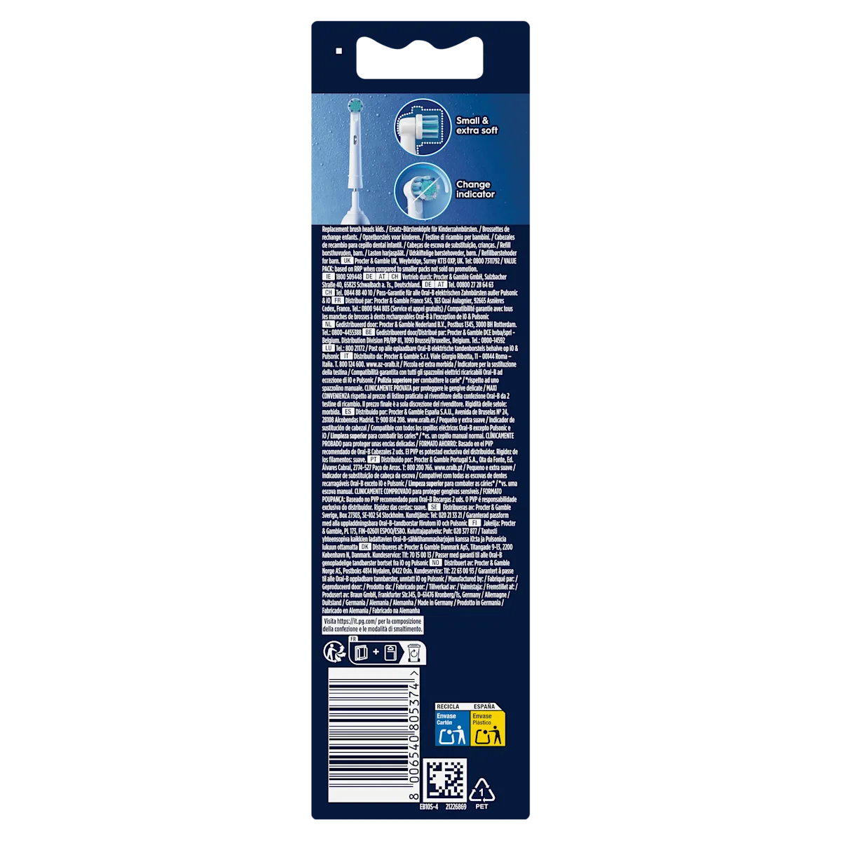 Oral-B brossettes de rechange enfants, avec des poils souples et extra-doux, et un indicateur de changement.
