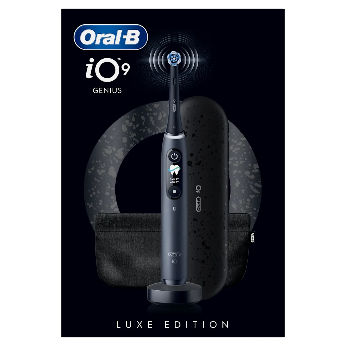 Oral-B iO9 Genius Luxe Edition avec emballage, mettant en évidence la technologie Smart Adapt.