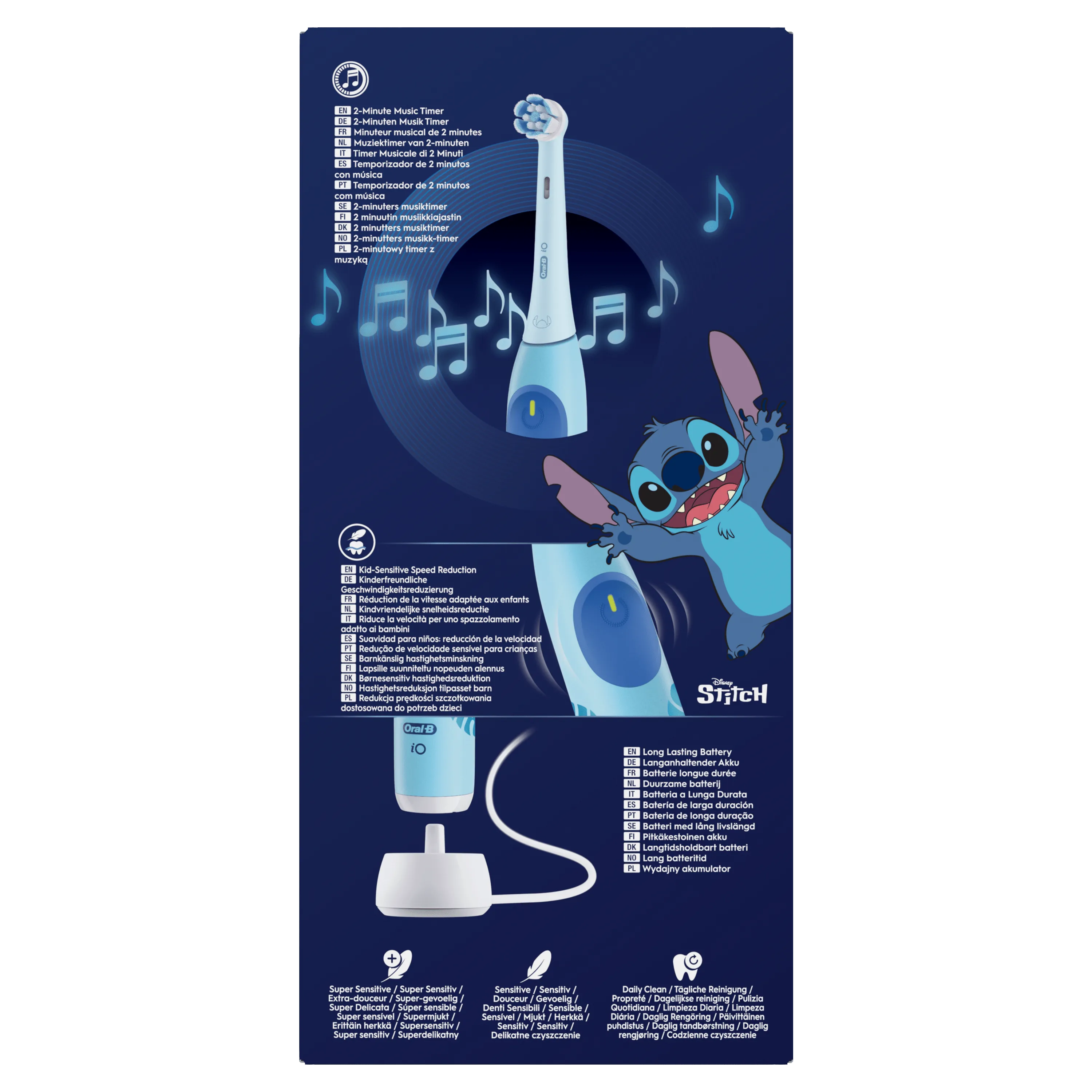 Brosse à dents Oral-B iO Stitch avec minuteur musical 2 minutes et réduction de la vitesse adaptée aux enfants.