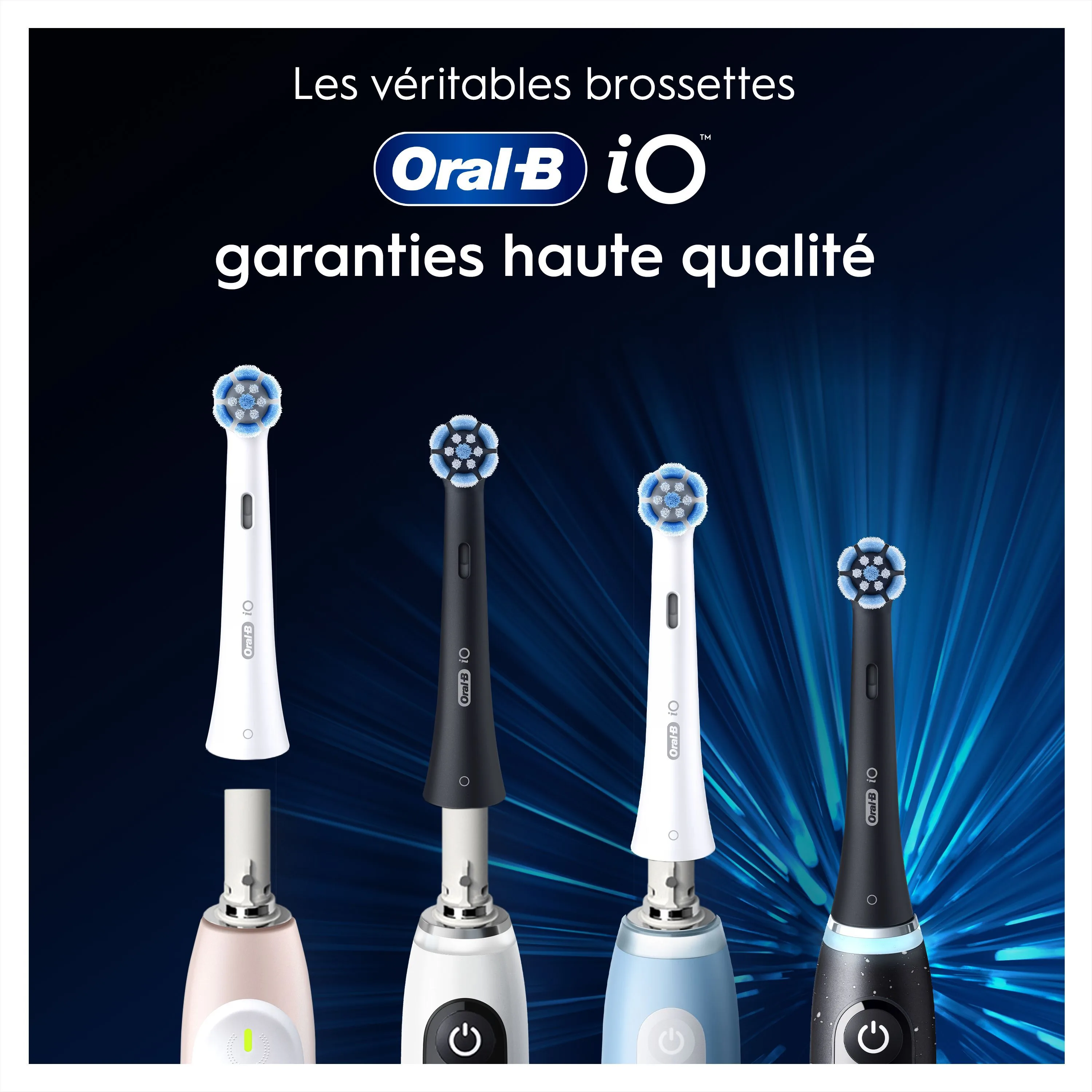 Les brossettes Oral-B iO garantissent une haute qualité de brossage, montrées avec différentes couleurs de manches de brosse à dents.