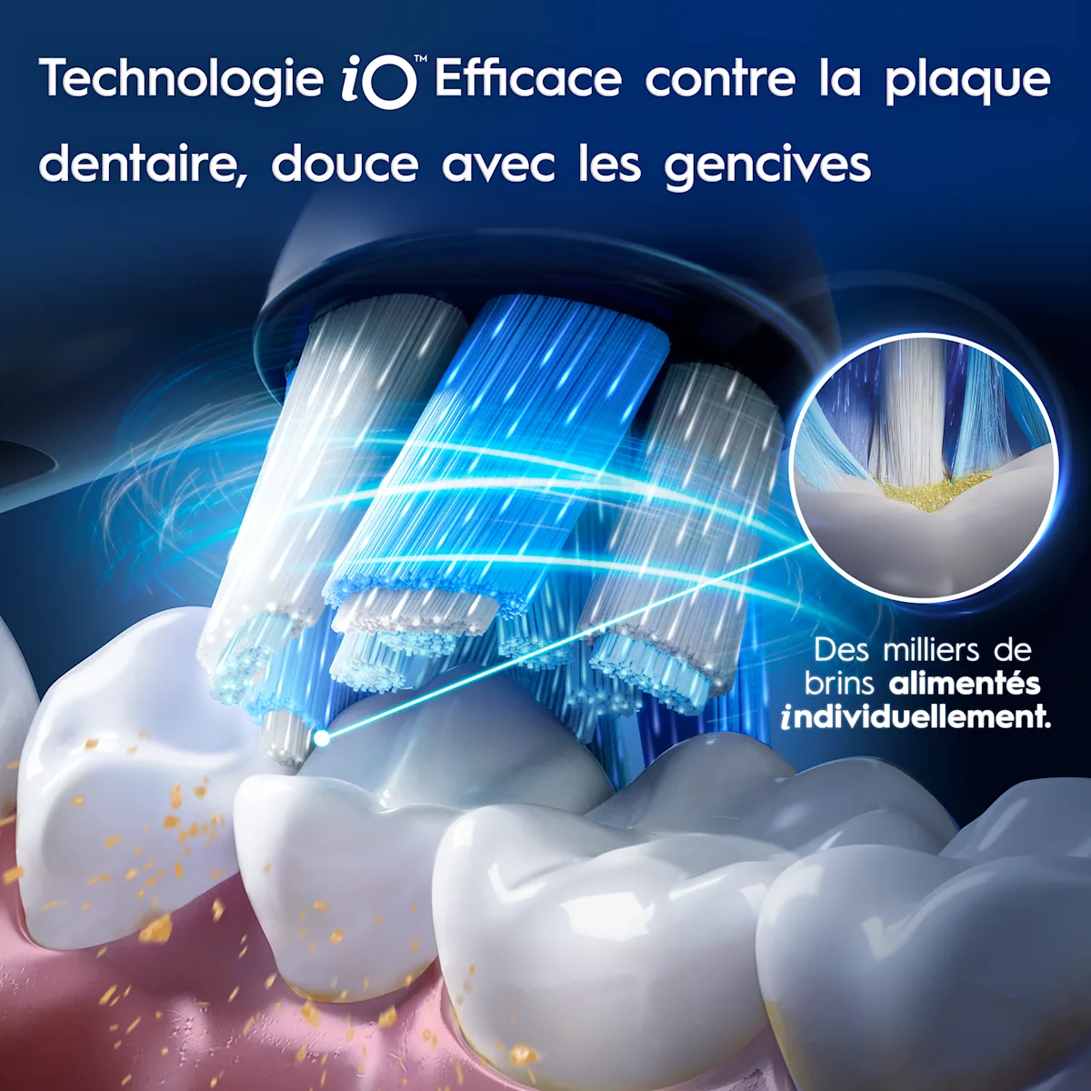 Gros plan d'une brossette de brosses à dents Oral-B io démontrant la technologie iO qui est dure contre la plaque dentaire et douce pour les gencives grâce à des milliers de brins alimentés individuellement.