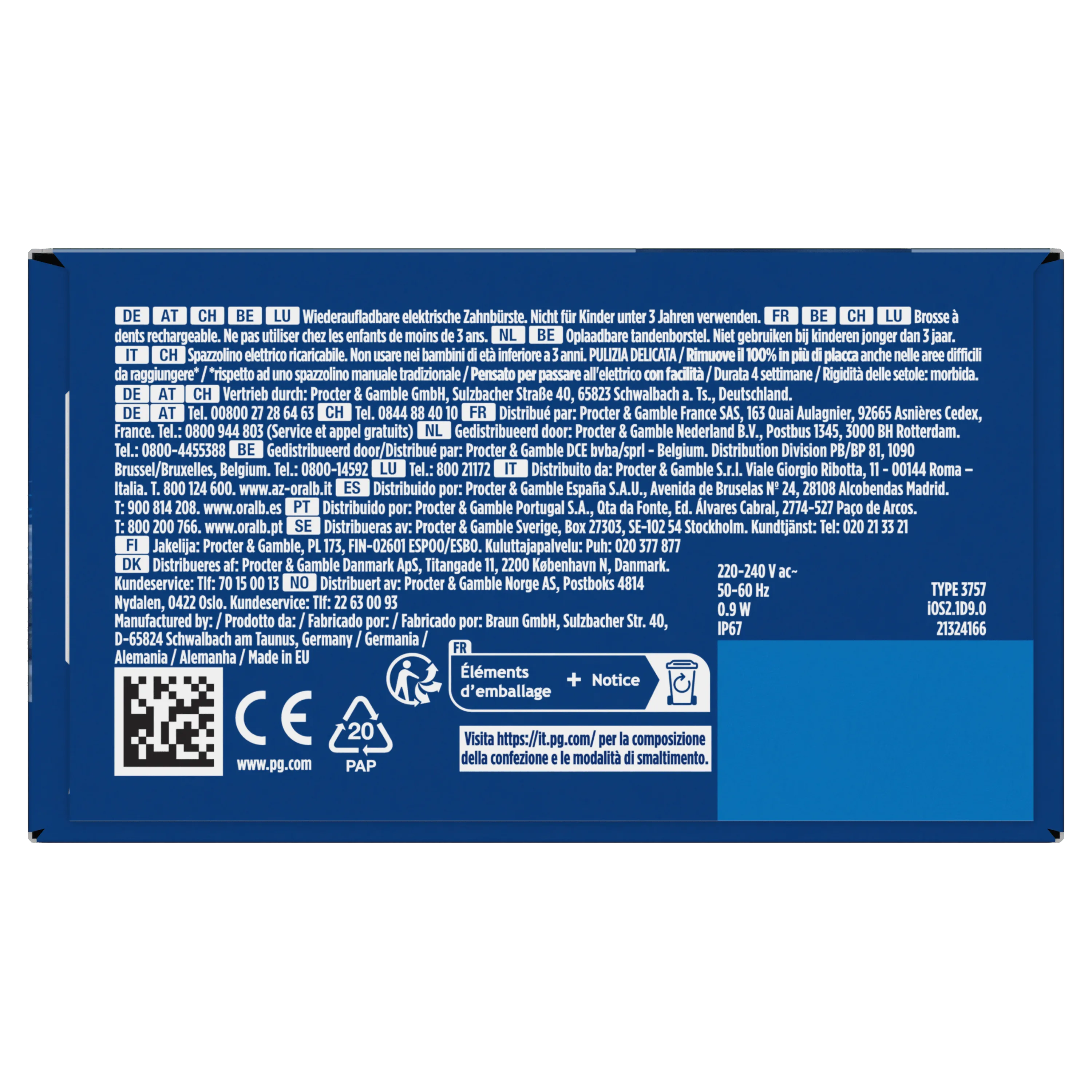 Oral-B brosse à dents électrique, emballage soulignant "Jusqu'à 100 % de plaque dentaire éliminée en plus".