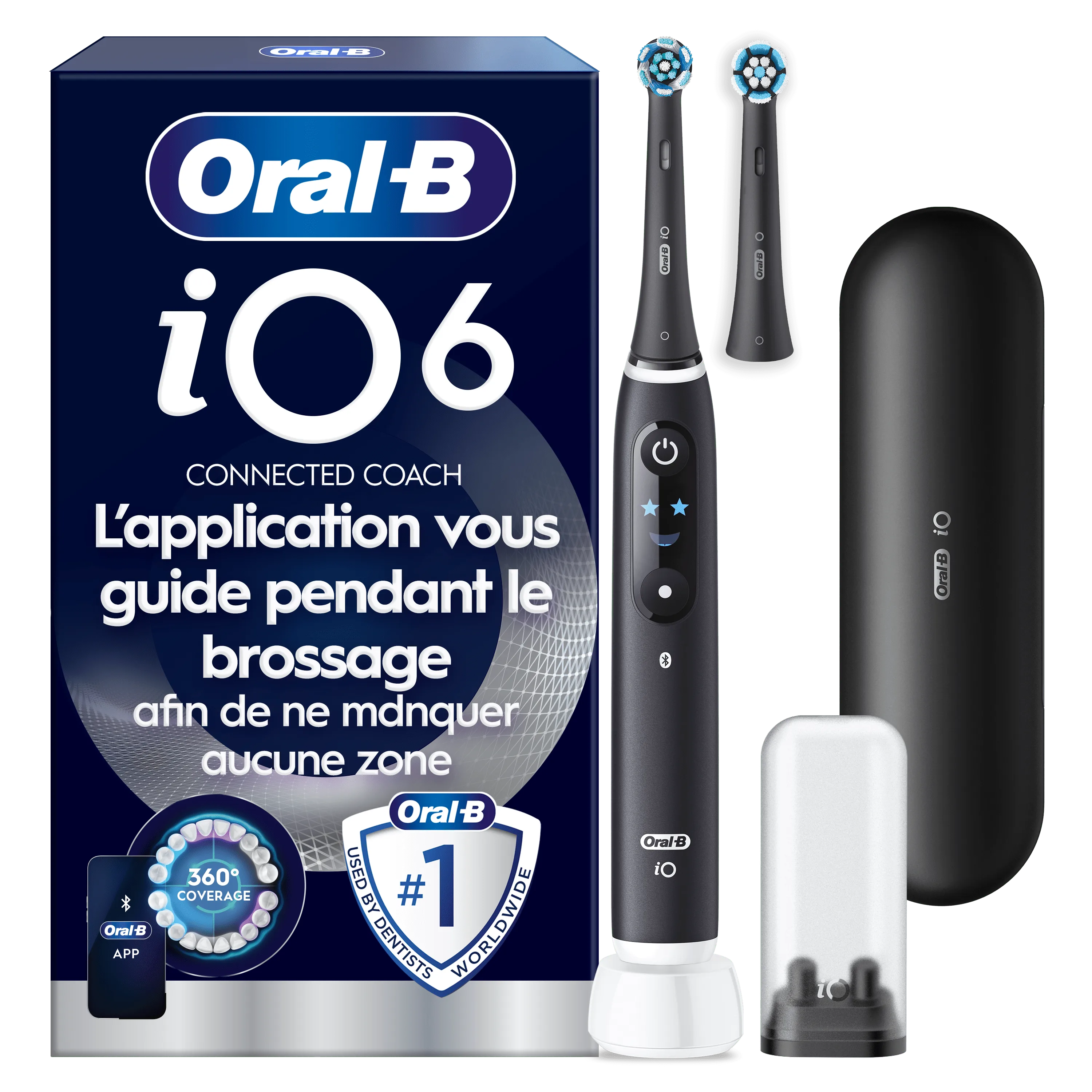 Brosse à dents électrique Oral-B iO6 Noire, 2 brossettes, Étui de voyage premium, Porte-brossettes