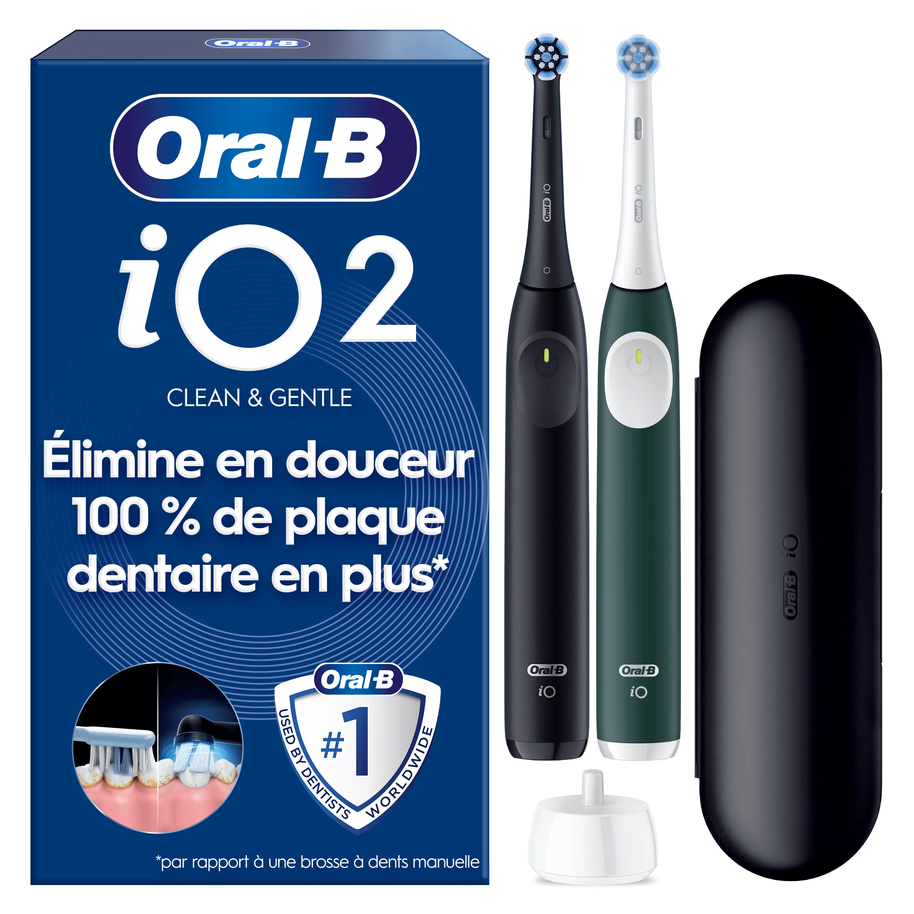 Oral-B iO2, emballage et 2 brosses. Élimine 100% de plaque dentaire en plus.