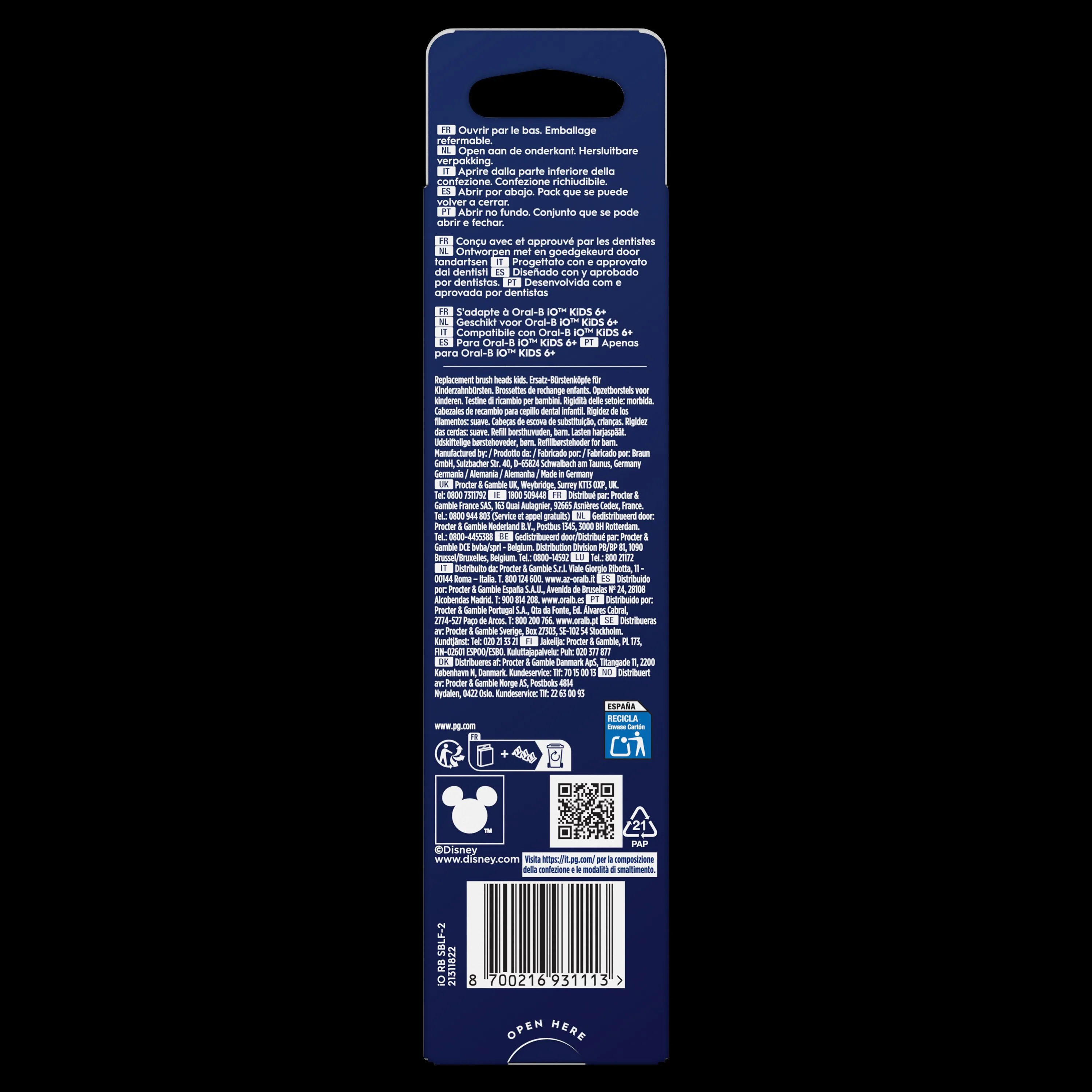 Brossettes de rechange Oral-B iO Kids 6+, emballage indiquant "Conçu avec et approuvé par les dentistes".