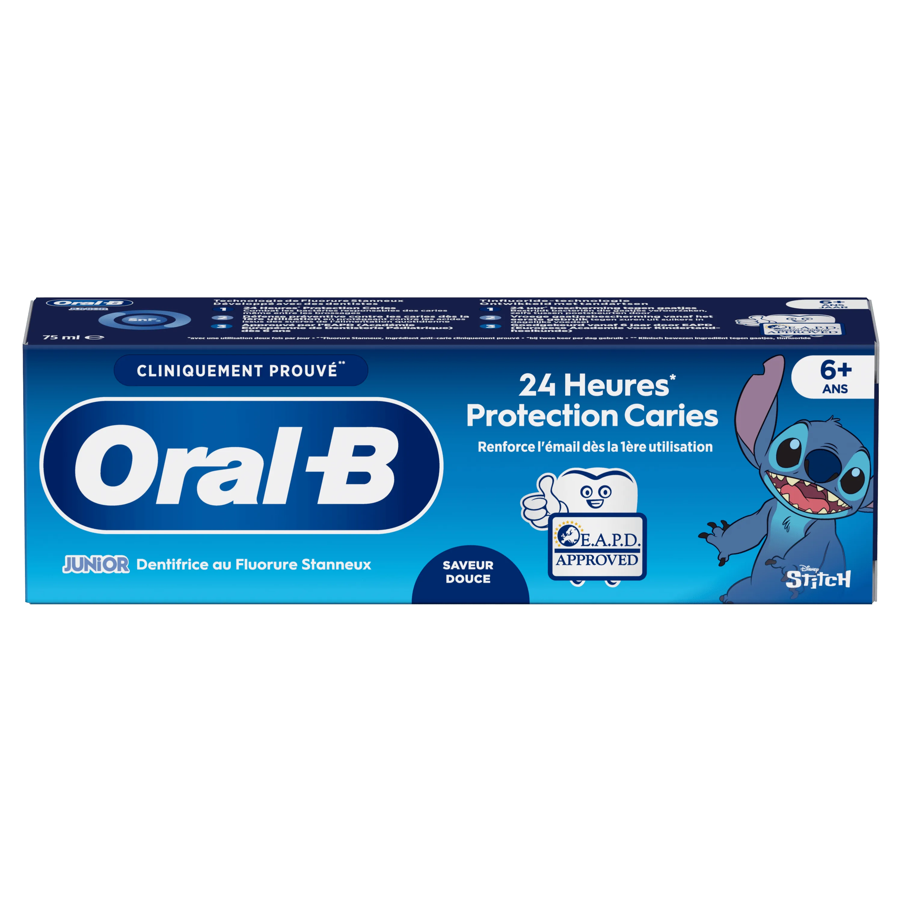 Oral-B Junior dentifrice au fluorure stanneux avec protection caries 24 heures et Stitch de Disney.