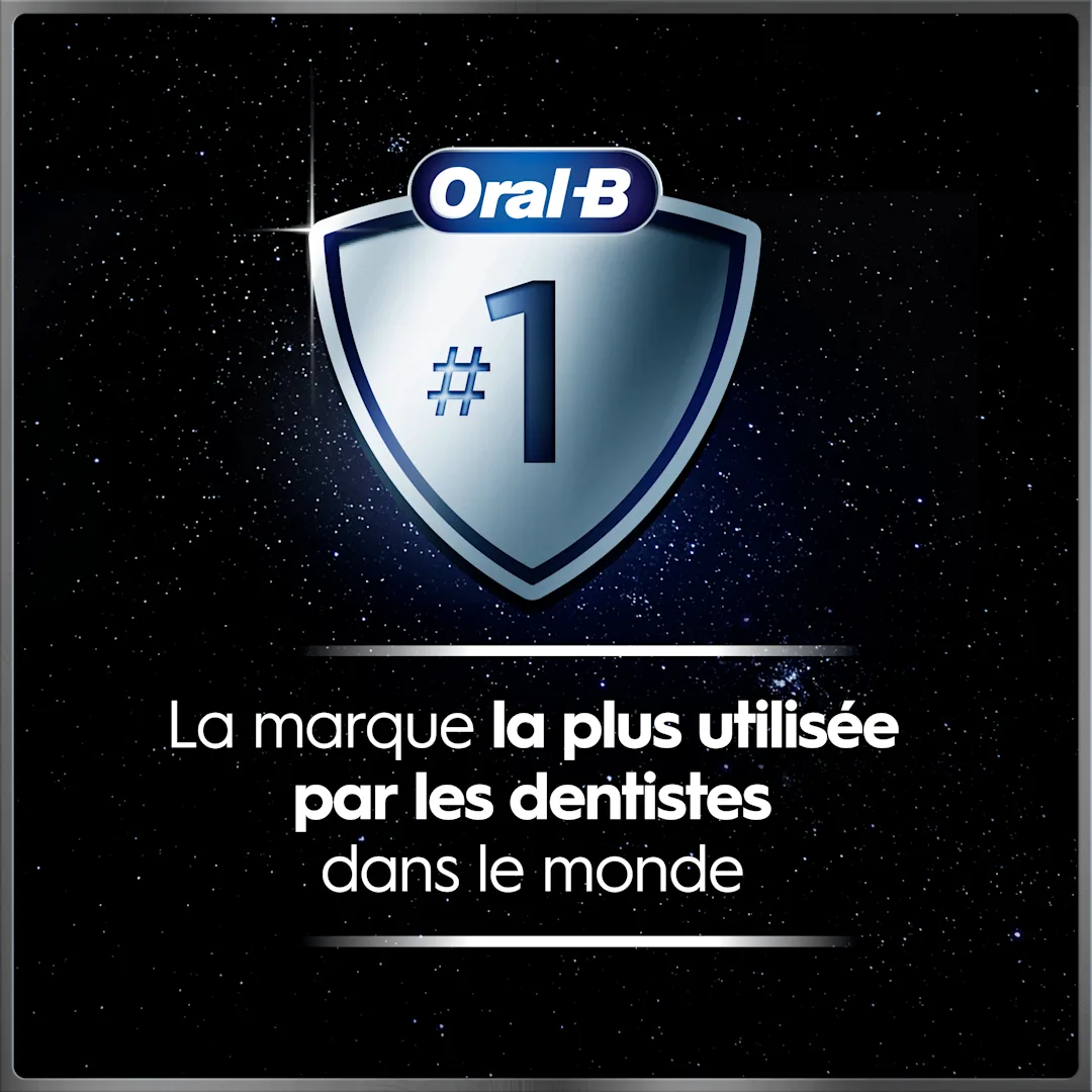 Logo Oral-B sur un bouclier avec "#1" et texte "La marque la plus utilisée par les dentistes dans le monde" sur fond étoilé.
