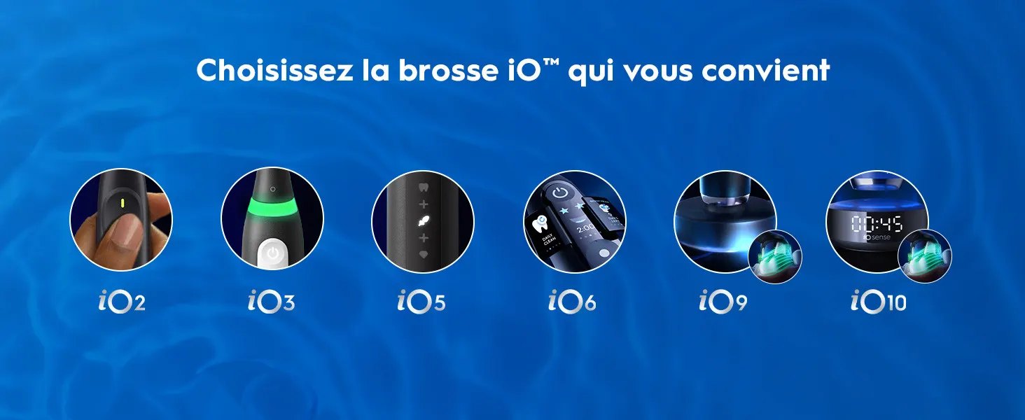 Gamme de brosses à dents électriques iO avec 6 modèles différents sur fond bleu.