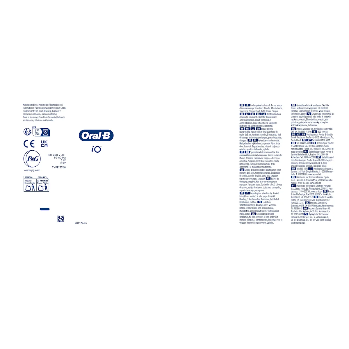 Oral-B iO, emballage indiquant le contenu : manche, 3 brossettes, étui de voyage, pochette pour chargeur et porte-brossettes.