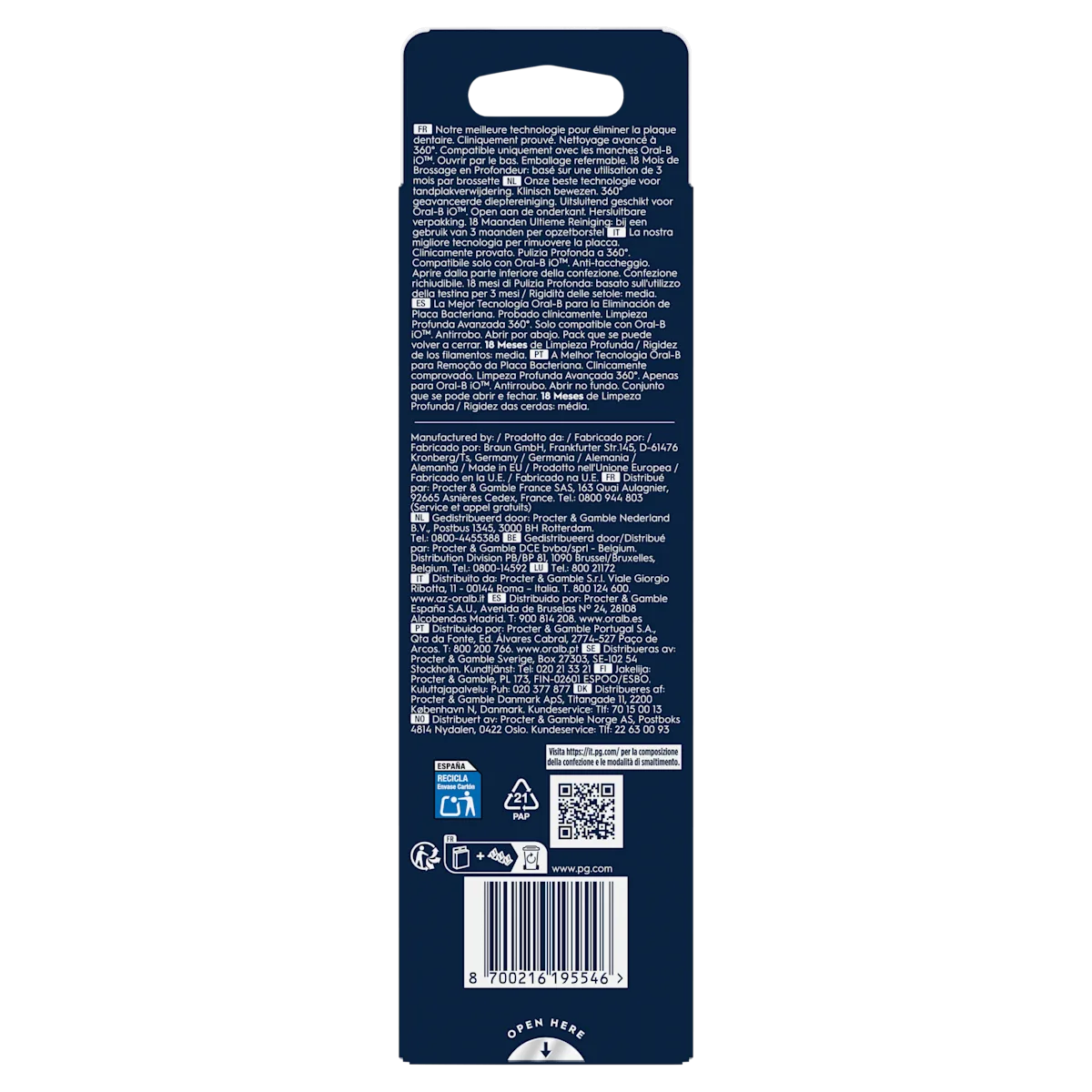 Oral-B iO, emballage refermable indiquant 18 mois de brossage en profondeur basé sur une utilisation de 3 mois par brossette.