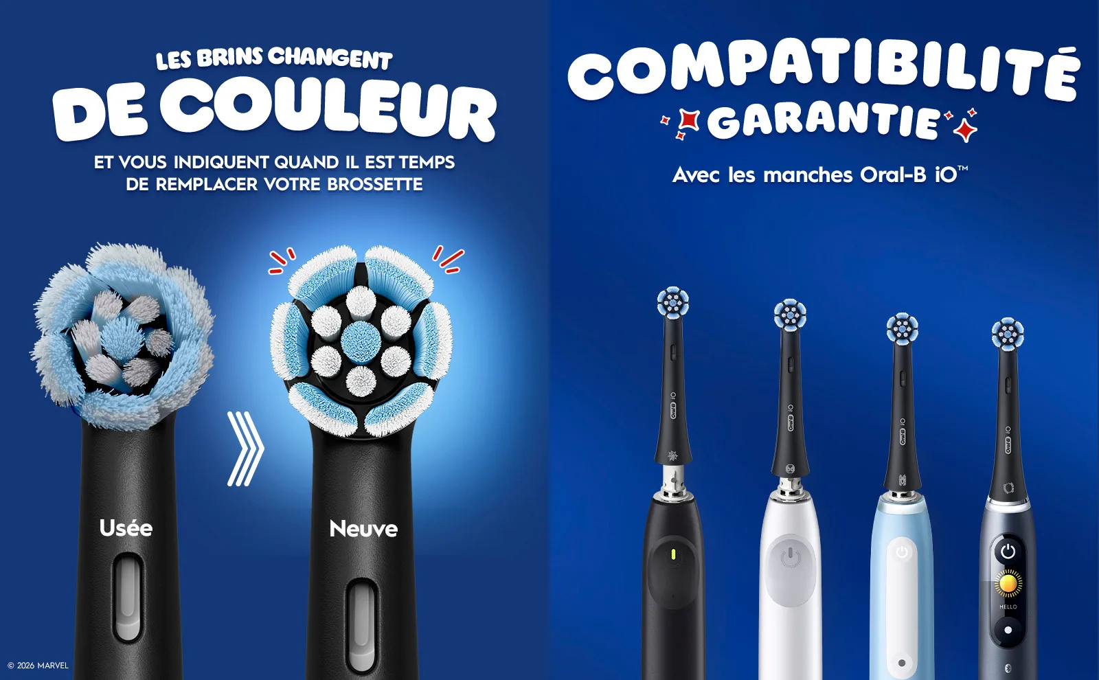 Visuel de deux images, l'une à gauche montrant l’avant / après, pour les nouvelles brossettes. Sur la droite, 4 brossettes sur le dessus des manches