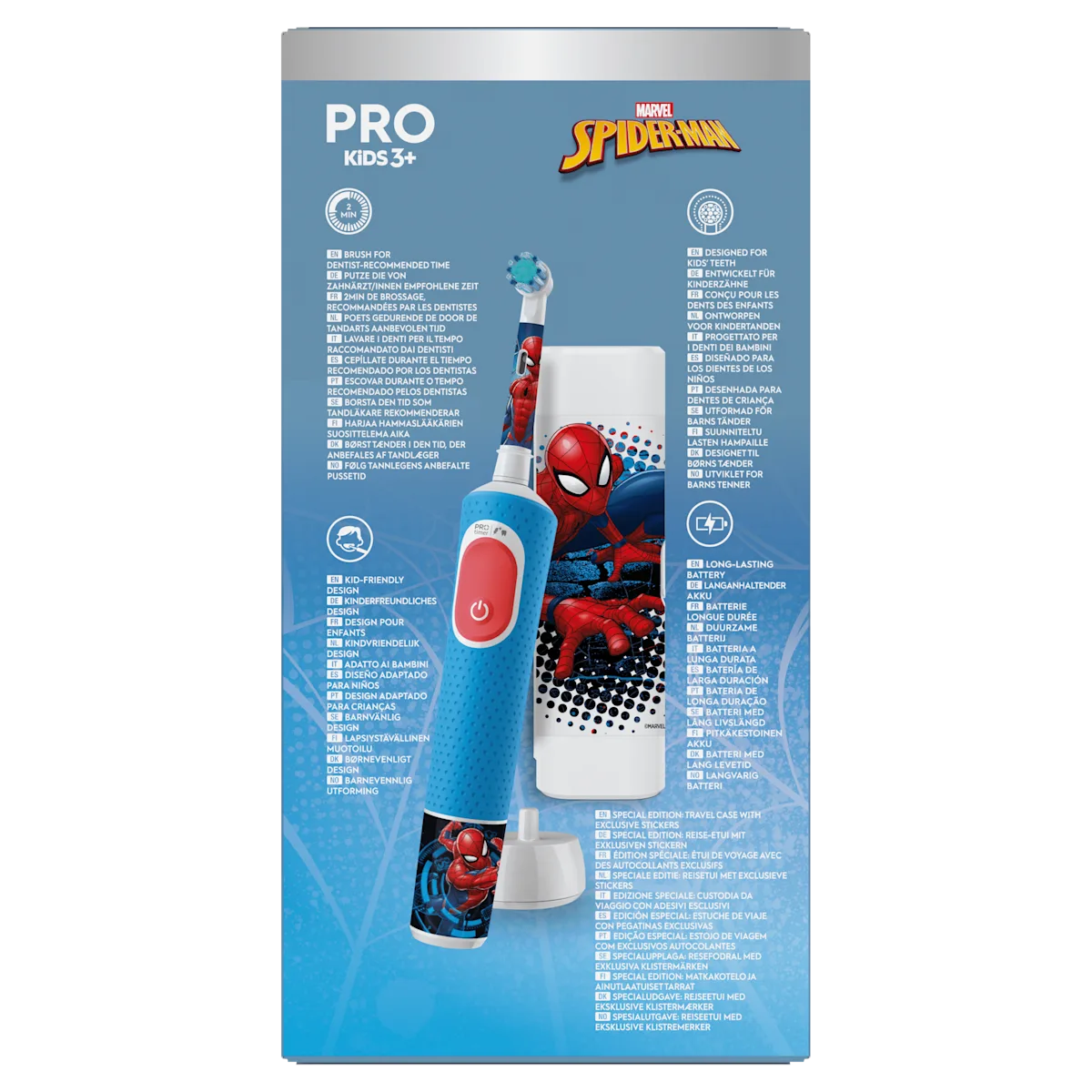 Oral-B Pro Kids 3+ Spiderman, avec boîte spéciale édition voyage et un minuteur intégré.
