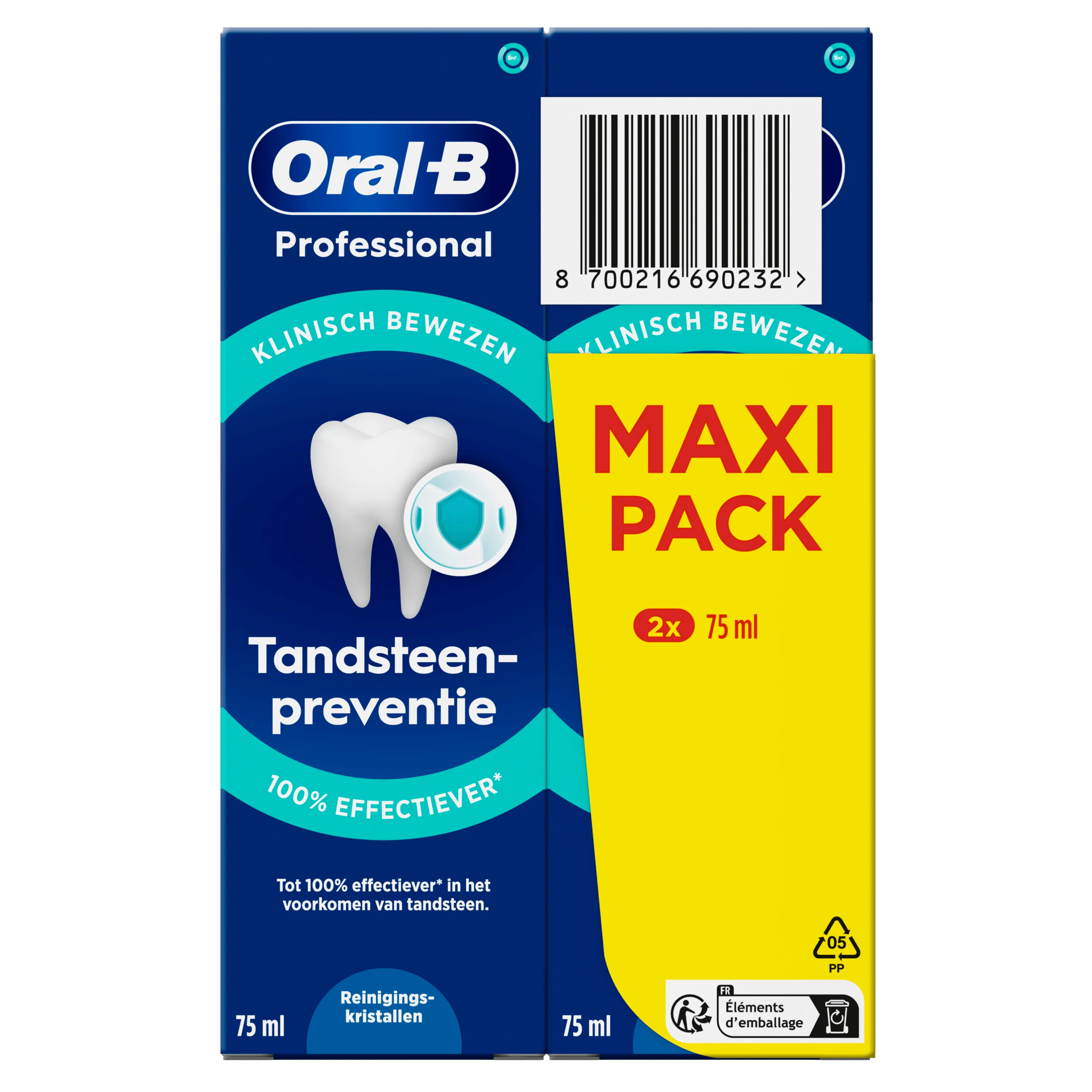 Oral-B Professional, en emballage "Maxi Pack" de deux tubes de 75 ml, pour une prévention du tartre 100% plus efficace.