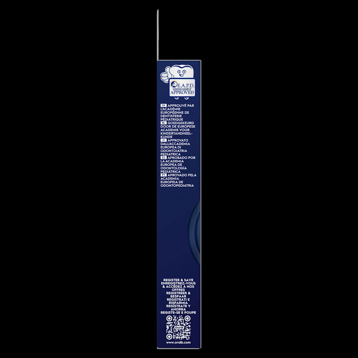 Emballage Oral-B avec le logo "E.A.P.D. Approved" et l'inscription "Approuvé par l'Académie Européenne de Dentisterie Pédiatrique" en plusieurs langues.