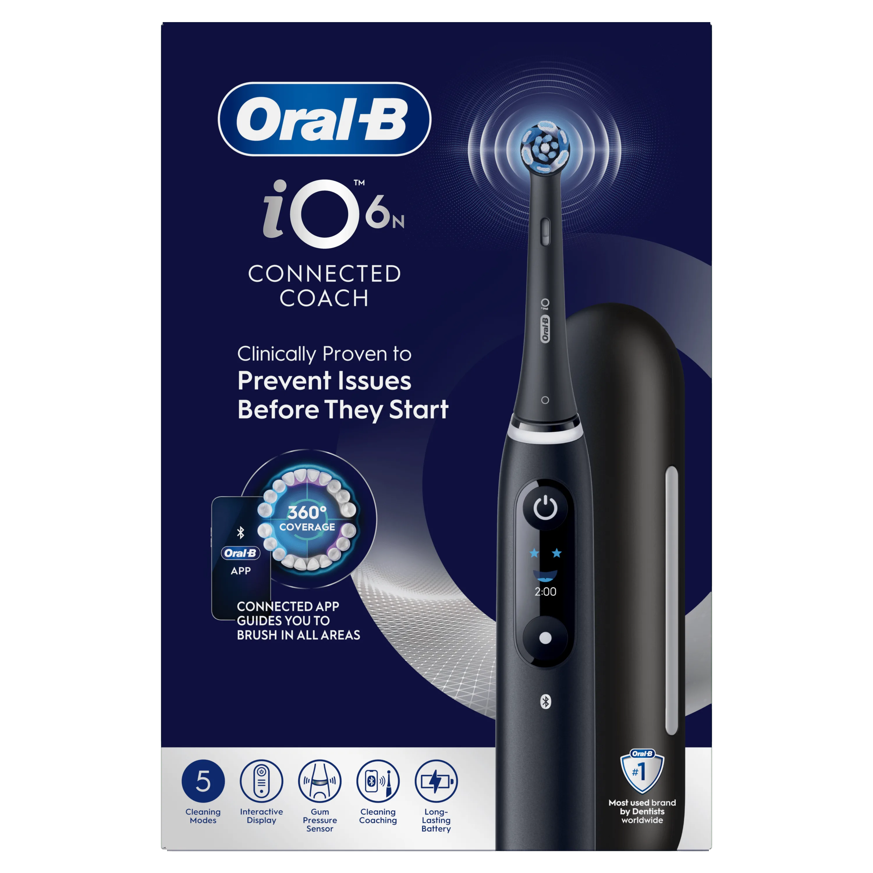 Oral-B iO6N brosse à dents, avec l’emballage soulignant la couverture à 360° et l’application connectée qui vous guide.